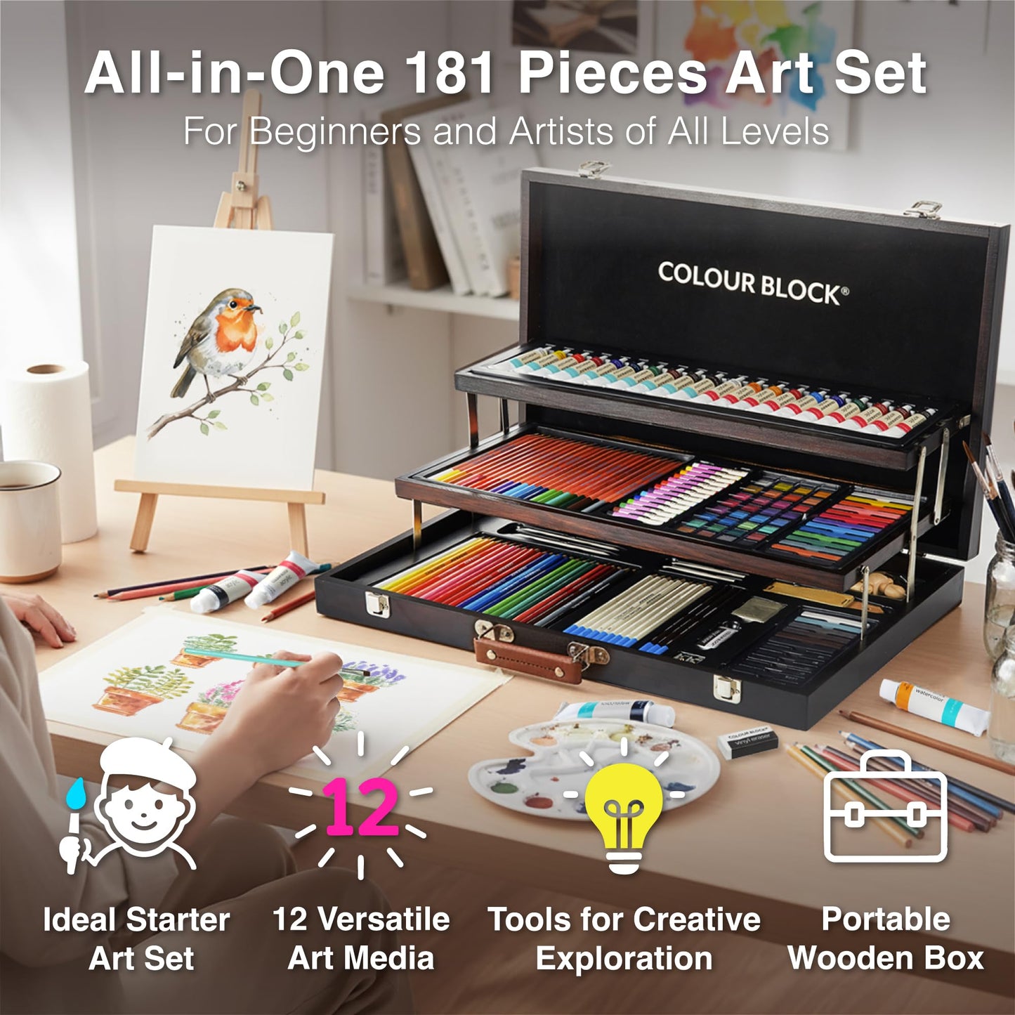 COLOUR BLOCK 181-Piece Mixed Media Art Set in Wooden Case for Drawing Sketching Painting, Soft Oil Pastels, Acrylic Watercolor Paints, Pencils, Art Supplies Kit for Artists, Professional, Adults, Beginner