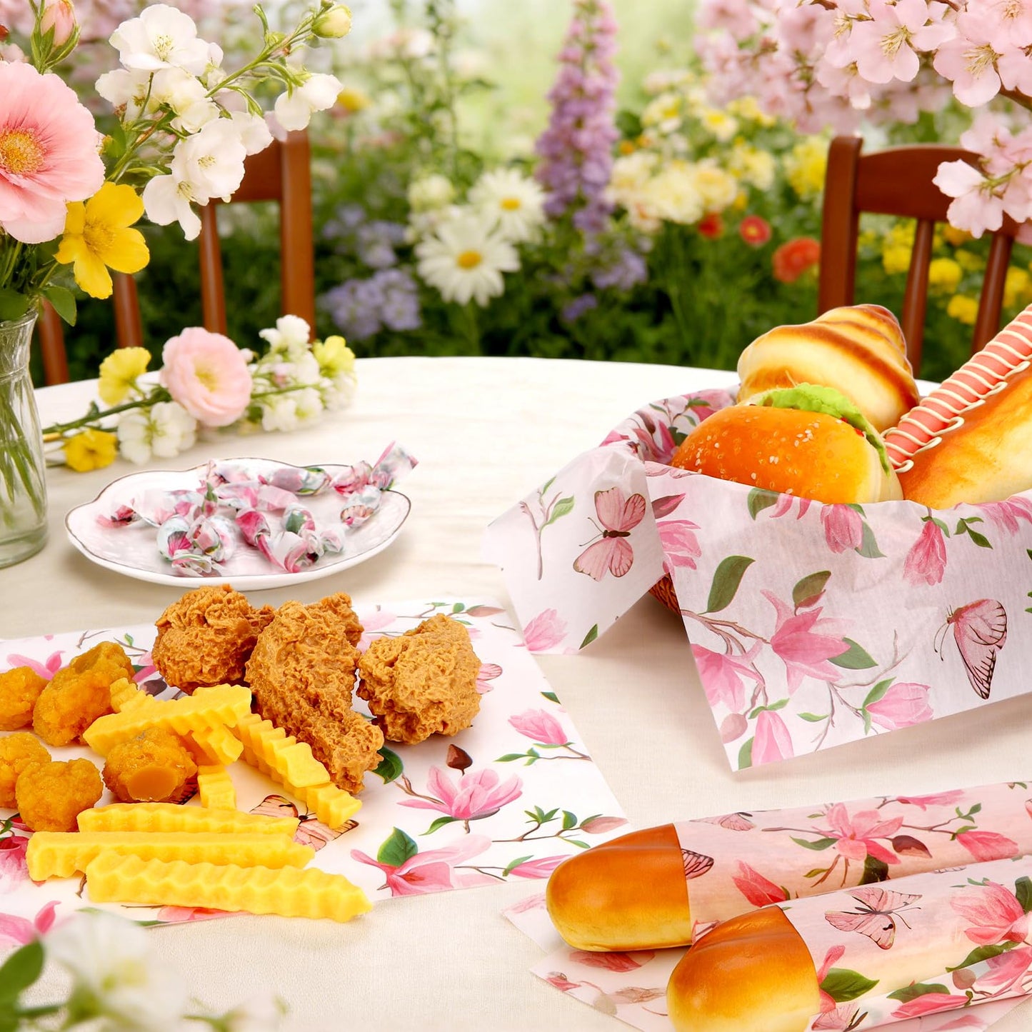150 Sheets Watercolor Magnolia Butterfly Deli Paper, 9.8 x 8.3in Magnolia Blossom Pattern Grease Resistant Proof Sandwich Wrap Paper Liners Greaseproof for Home Kitchen