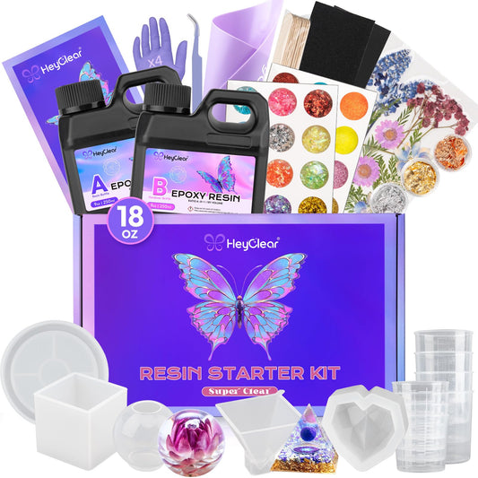 HeyClear Epoxy Resin Kit with Molds for Beginners -18 oz Super Clear and Hard Resina Complete Craft Supplies Set for Starter Casting Arts Crafts for Adults, DIY Creation Gifts