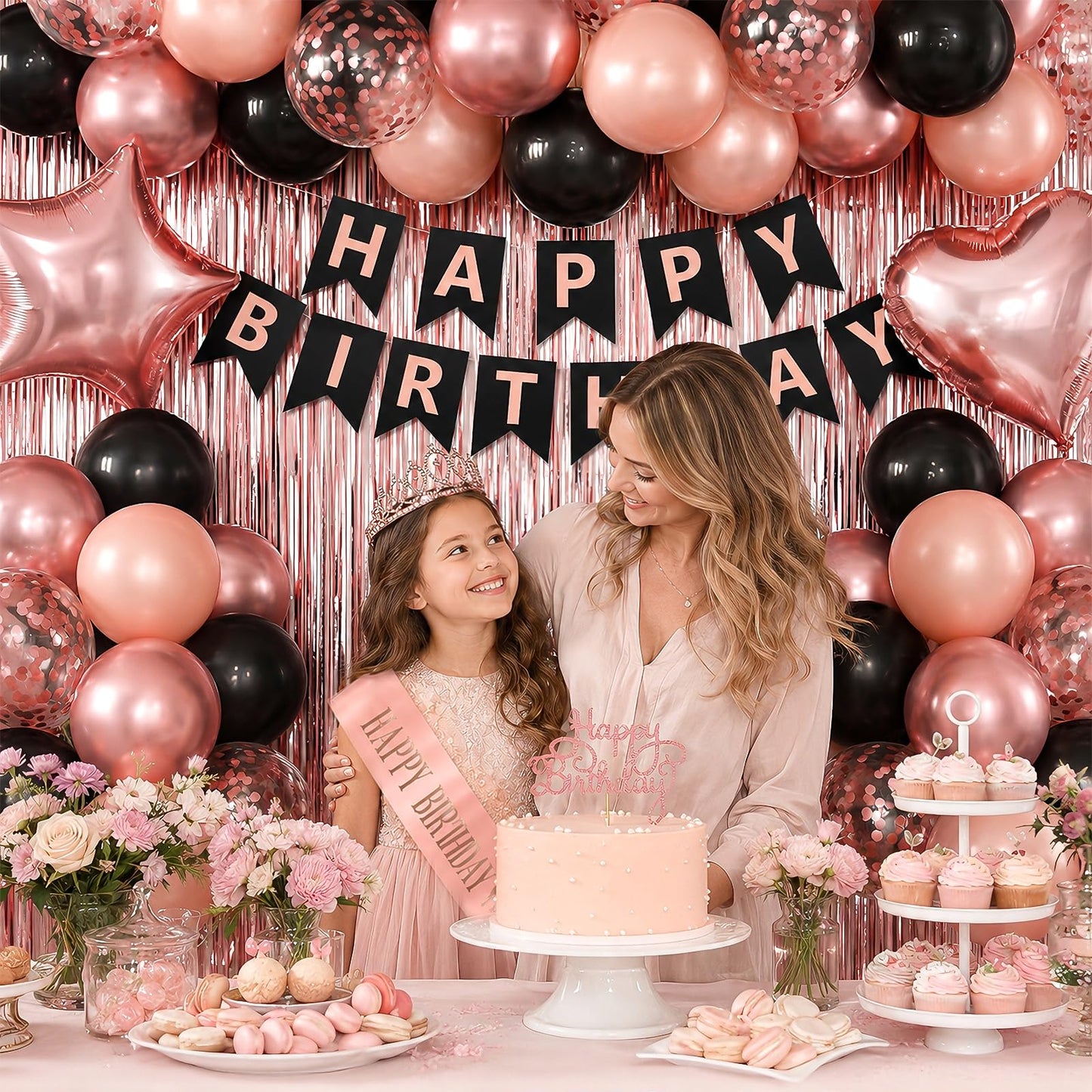 Black Rose Gold Birthday Decorations for Women Girls,Rose Gold Latex Balloons with Happy Birthday Banner,Fringe Curtain,Cake Topper,Sash and Crown for Birthday Party Supplies