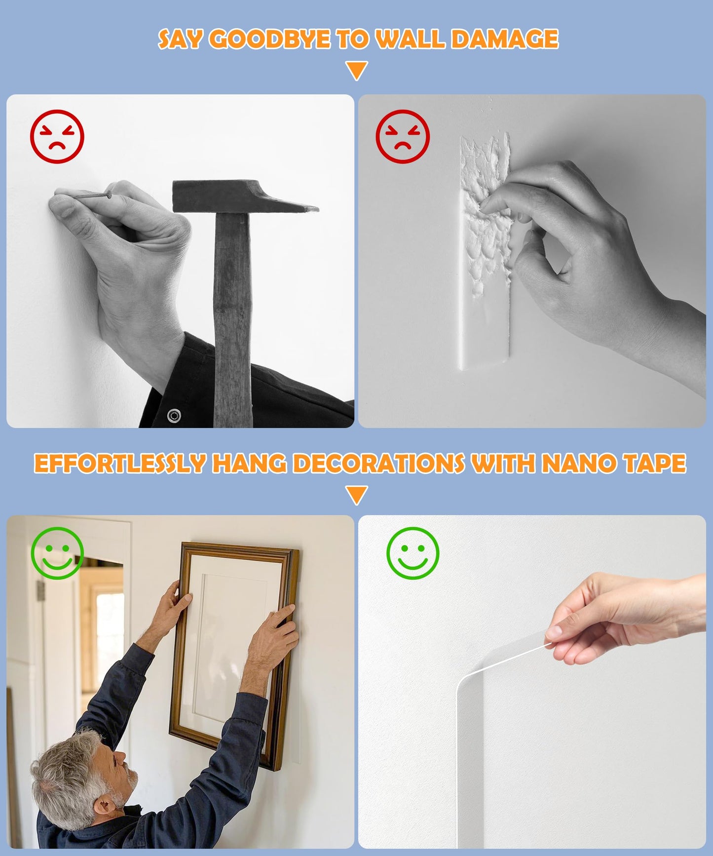 PPB 2 Rolls Double Sided Tape Heavy Duty - Removable Mounting Tape for Poster Carpet Picture Hanging Strip Rug Wall Outdoor - Clear & Strong Nano Tape Adhesive Multipurpose