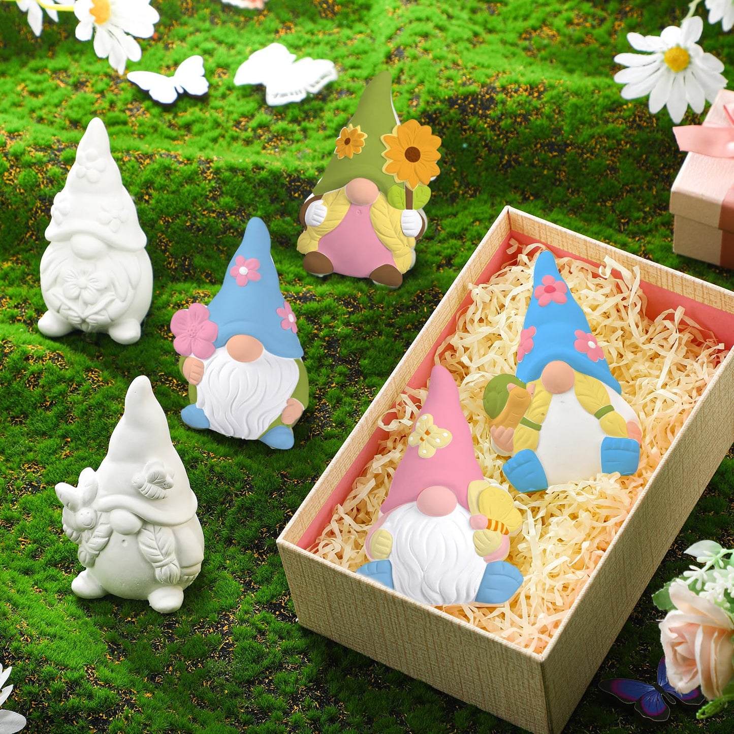 Poen 6 Sets Ready to Paint Your Own Ceramic Gnome Statues Spring DIY Unpainted Ceramics Gnome Figurines Kit Spring Crafts Gifts Drawing Figurines DIY Art and Craft with Brush Palette Paint for Adult