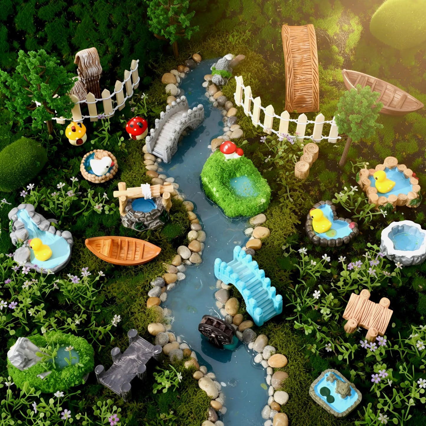 BrightRow 56 Pcs Fairy Garden Miniatures Accessories Bulk Miniature Nature Village Theme Fairy Garden Supplies for Outdoor Mini Bridge House Landscape Water Well Ornament for DIY Craft Succulent Decor