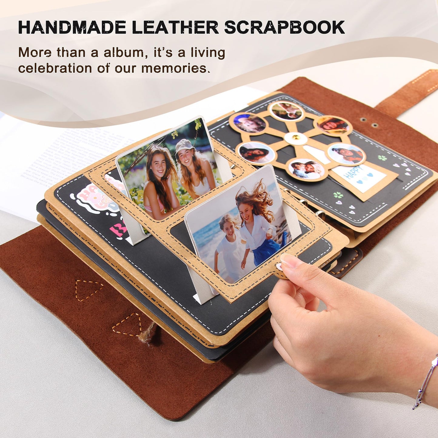Handmade Genuine Leather Scrapbook Photo Album – DIY 3D Interactive Memory Book for Wedding, Baby, Family Photos (Travel, Anniversary, Birthday Gift)- D.Brown