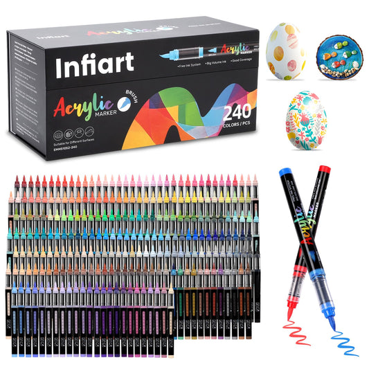 Infiart 240 Colors Acrylic Paint Markers Brush Tip, Automatic Ink Control Acrylic Paint Pens Waterproof Acrylic Markers Set for Holiday Decorations, Stone, Wood, Glass, DIY & Art Supplies