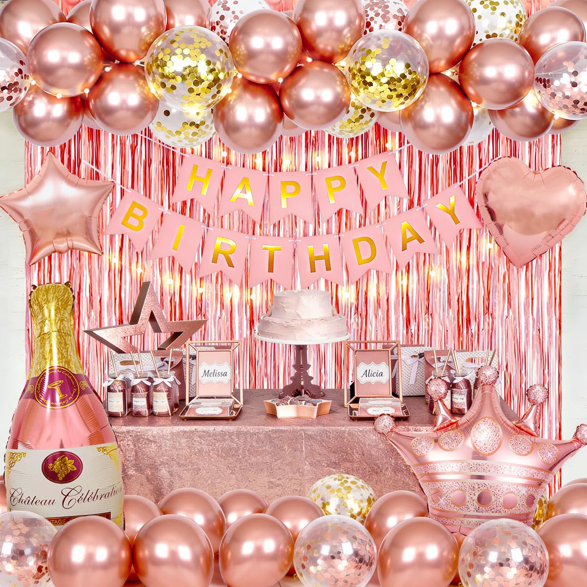 Birthday Decorations for Women with Happy Birthday Banner, Curtains, Bottle, Crown, Heart Star Balloons, Rose Gold Balloons for Girls Women Birthday Party Decorations