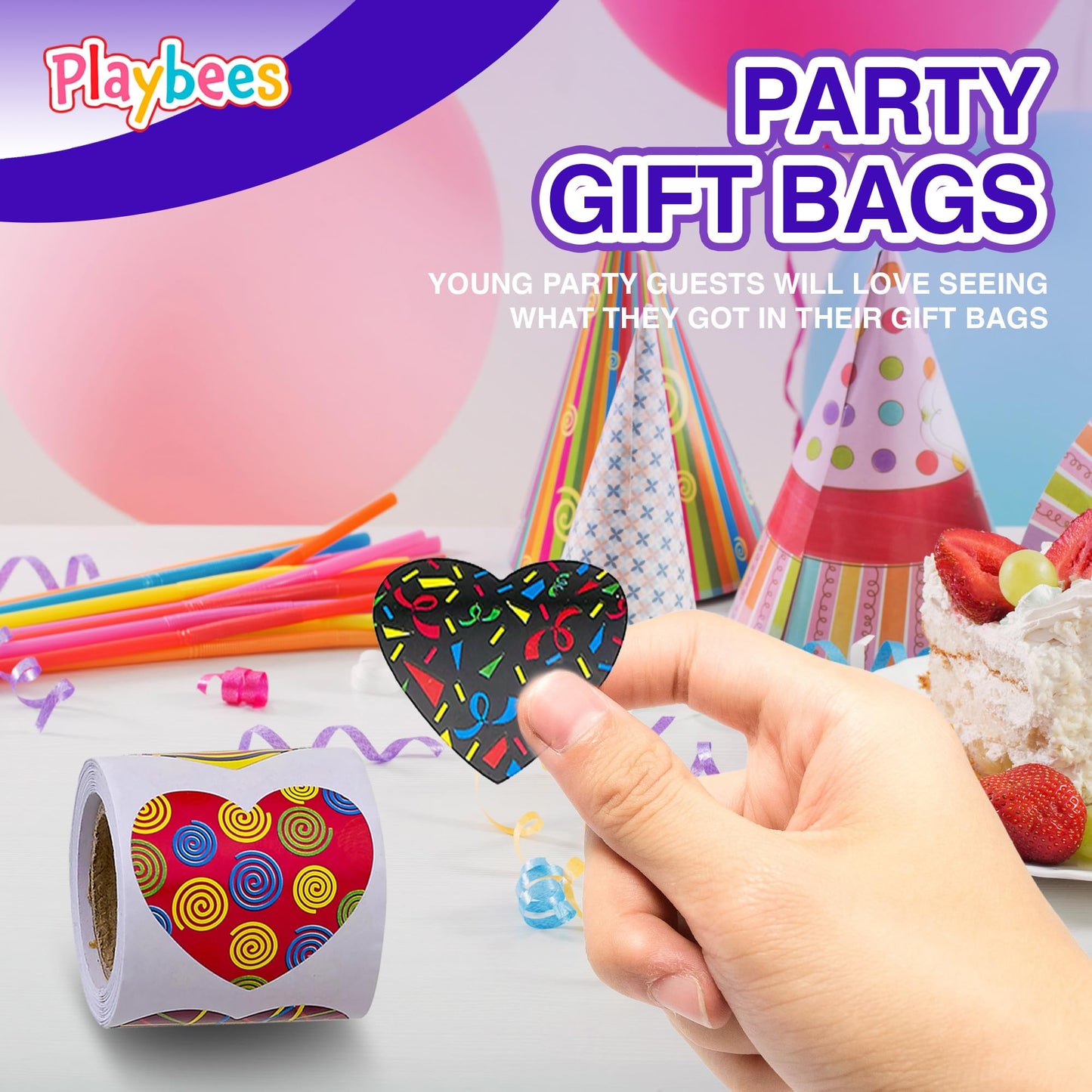 Playbees Funky Heart Stickers for Kids - 400 Pack of Rainbow Heart Themed Designs - Valentine’s Day Kids Educational Arts and Crafts, Scrapbooking, Teacher Awards, Classroom Prize, Encouragement