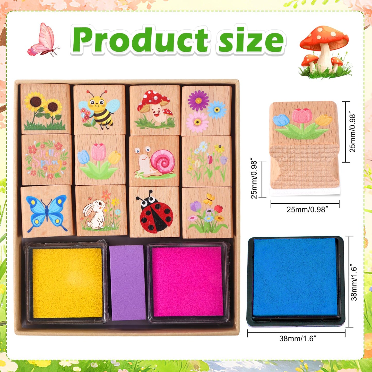 HOWAF 12pcs Spring Wooden Stamps, Hello Spring DIY Craft Rubber Stamps, Animal Daisy Flower Inking Stamp Pads Set, Butterfly Stamp Sunflower Inking Pads for Summer Party Supplies