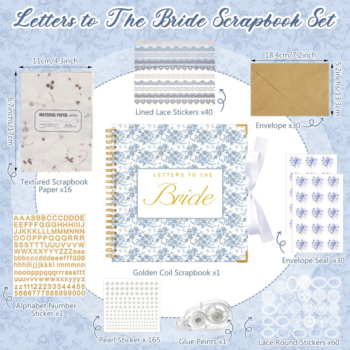 Humyoun Wedding Guest Book Letters to The Bride Scrapbook Wedding Memory Book Bridal DIY Blank Paper Scrapbook Photo Album Guest Sign with Pearl Stickers(12 x 12 Inch,Floral,Blue)