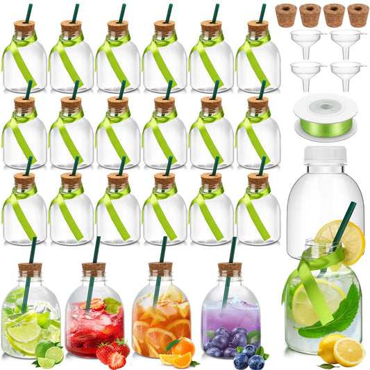 Vesici 24 Pcs Plastic Liquor Bottles with Cork and Straw Empty Juice Bottles for Drinks Reusable Mini Liquor Jar with Green Silk Ribbon for Wedding Party Personalized Decoration(10 oz)