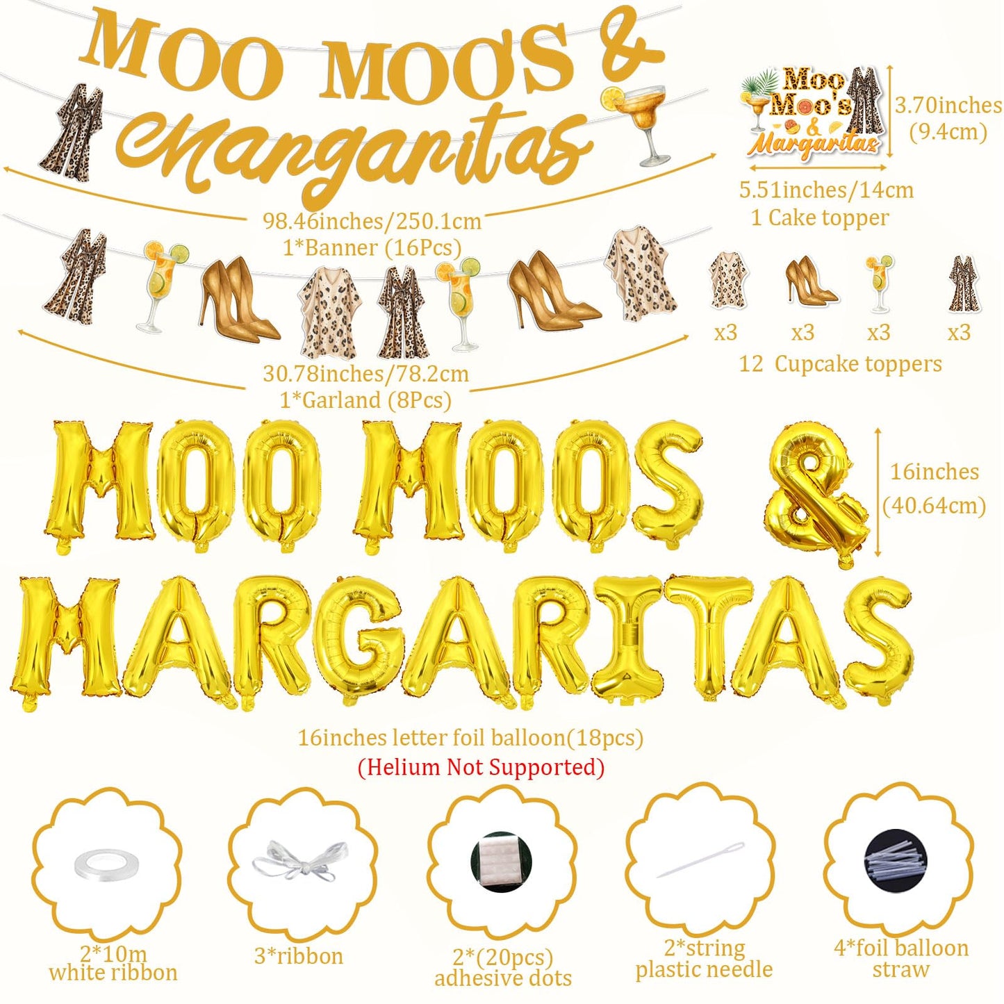 Moo Moos and Margaritas Decorations Gold Moo Moos & Margaritas Foil Balloon Banner Margarita Theme Cake and Cupcake Toppers Kit for Bachelorette Party Ladies Night Bridal Shower Birthday