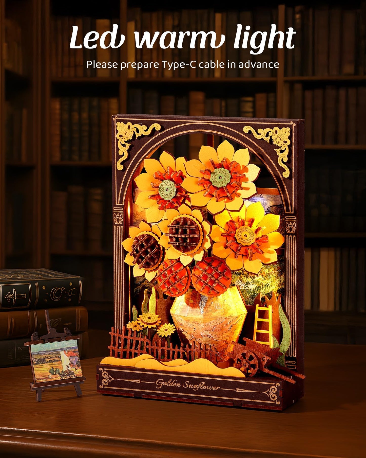 Wowood 3D Wooden Puzzles for Adults - Van Gogh Golden Sunflower DIY Model Building Kits with LED Light - Gifts for Mothers Day - Home Decor, Wall Art & Unique Creative Gifts for Art Lovers/Men/Women