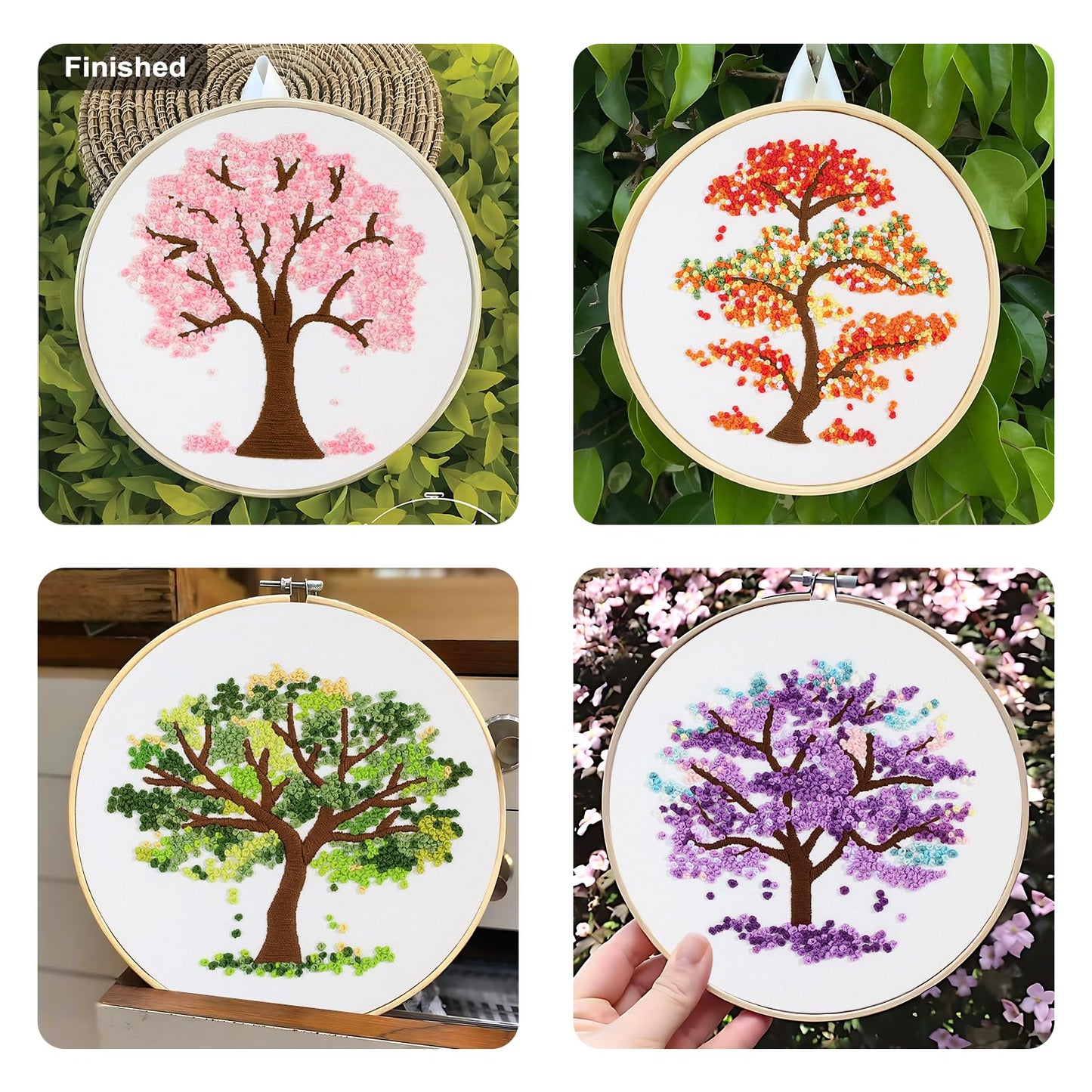 Sivilife Embroidery Starter Kit for Beginners, 4 Sets Stamped Cross Stitch Kits for Adult, Seasonal Tree Pattern Hand DIY Kits with 2 Embroidery Hoop Instructions Color Threads Needles and Scissor