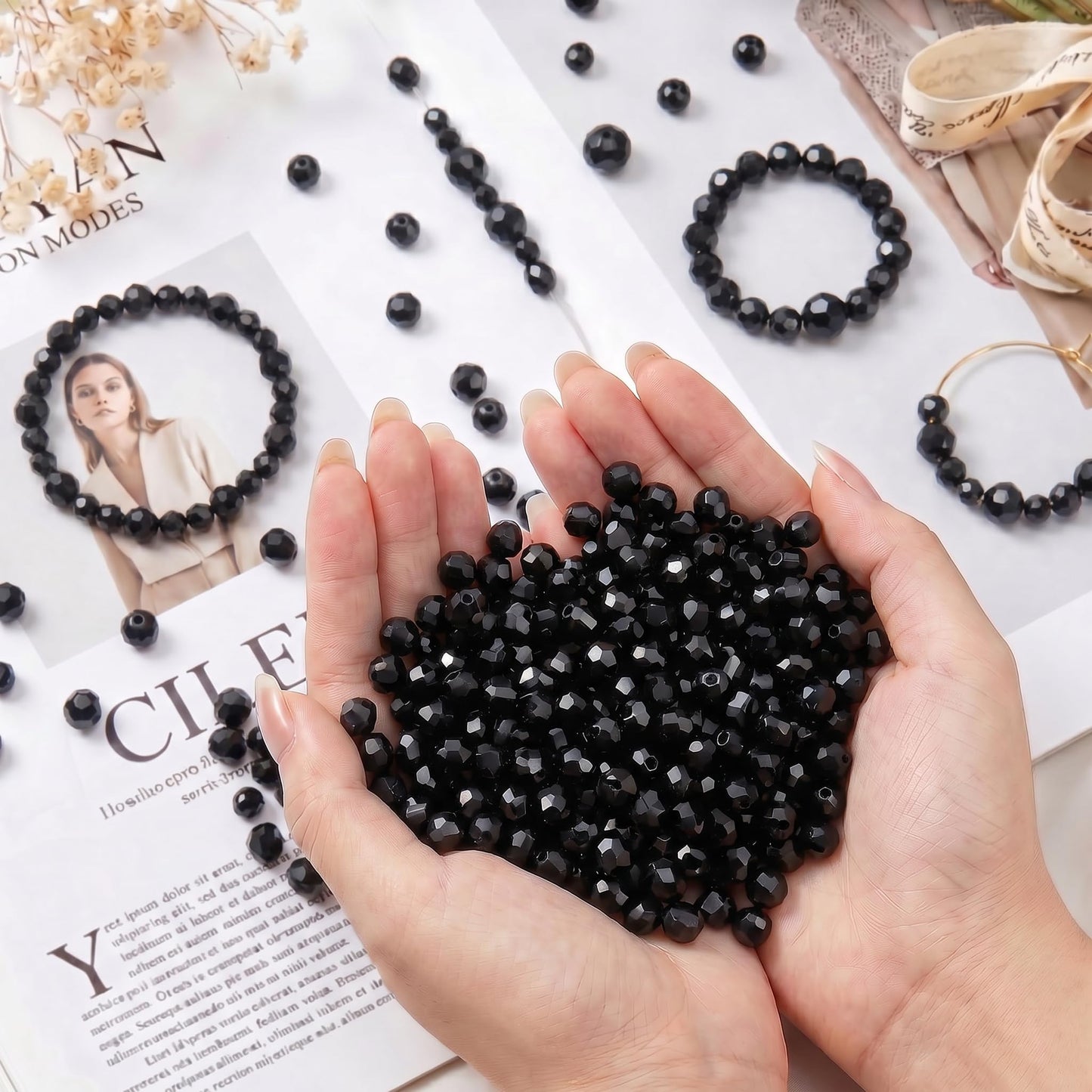 QINJIEJIE 1000Pcs 4/6/8/10mm Black Glass Beads for Jewelry Making Assorted Glass Beads for Suncatchers Bulk Crystal Beads for Bracelets Necklace Pendants Making DIY Supplies (Black)