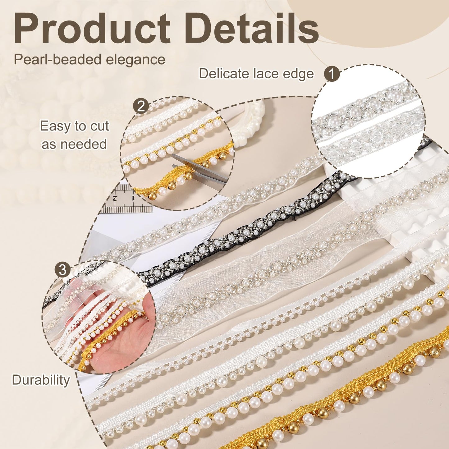 uxcell 5 Yards Faux Pearl Lace Ribbon, 6mm Pearl Fringe Applique Beaded Trim Bridal Embellishments for Sewing Wedding Party Dress Fabric DIY Craft Decoration, White