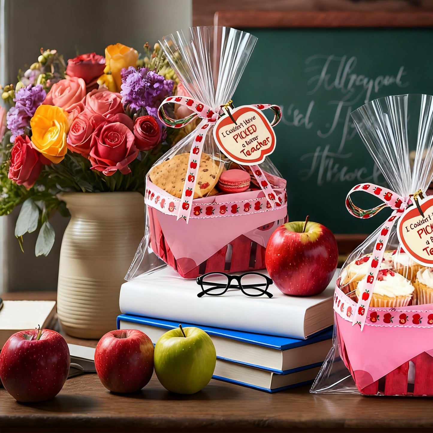 Mimorou 24 Set DIY Teacher Appreciation Gift Basket Kit Mini Apple Treat Baskets Empty Bulk 4.3 Inch for Candy Snack Cookie, Small Thank You Teacher Gifts for End of Year Classroom Party Favors
