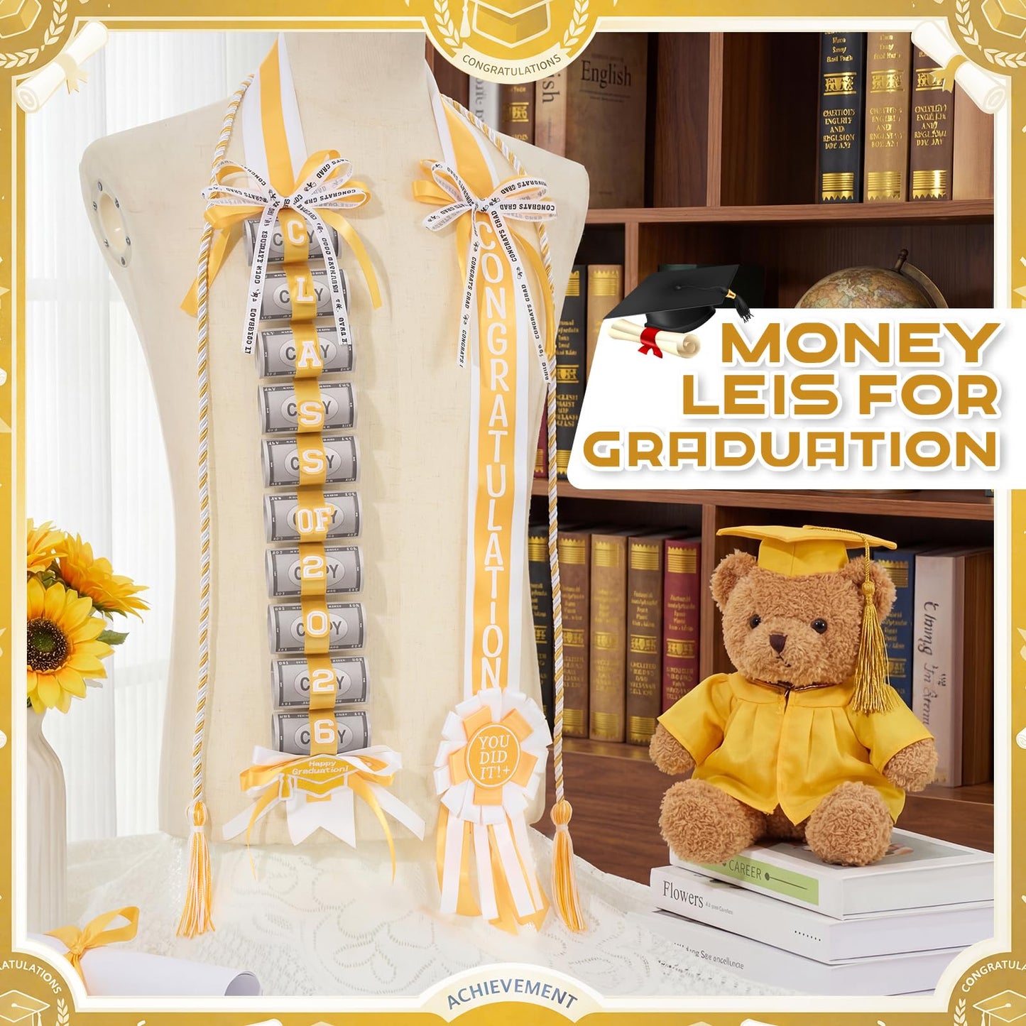 Spakon Graduation Money Lei with Cash Holder, 48 Inch 2026 Graduation Ribbon Lei with Honor Cord 2026 Grad Braided Necklace for DIY Women Men College Party Decor Supplies Grad Cash Gift(White, Gold)