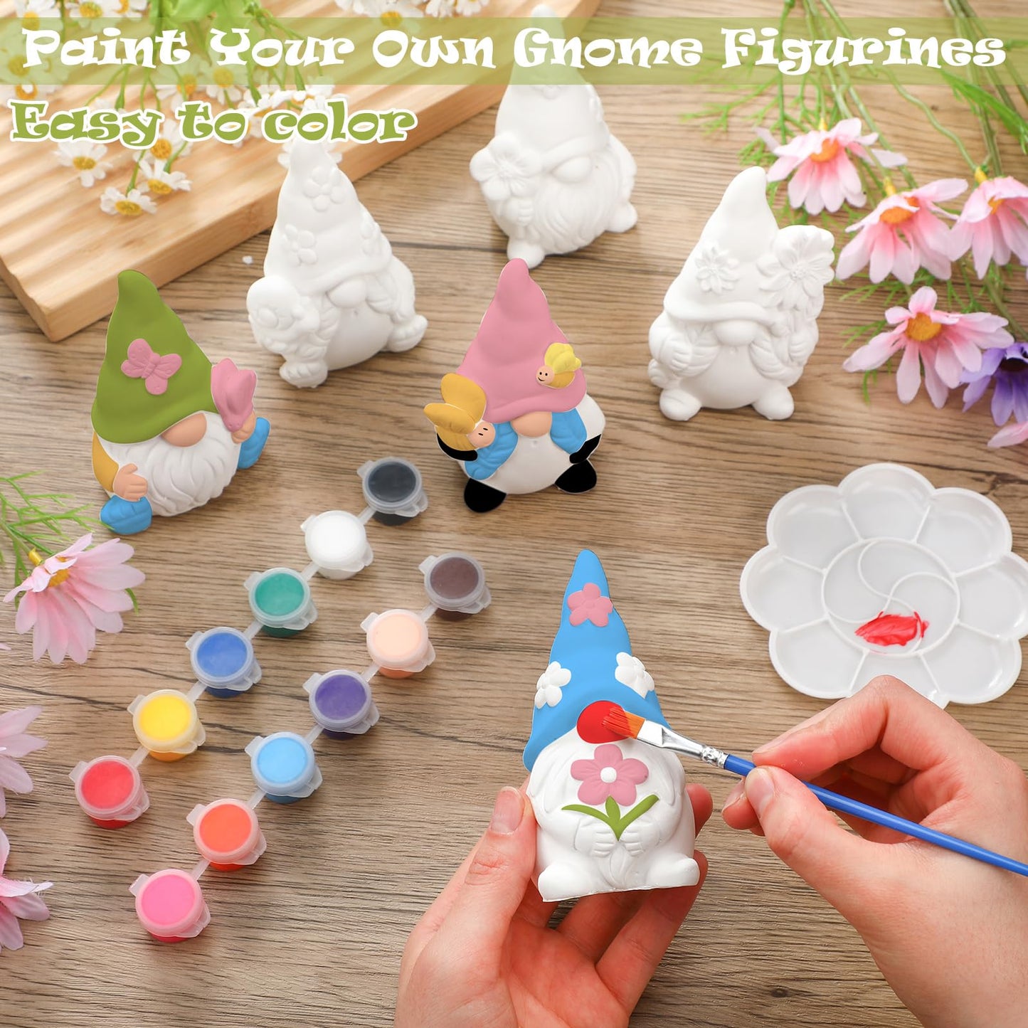 Poen 6 Sets Ready to Paint Your Own Ceramic Gnome Statues Summer DIY Unpainted Ceramics Gnome Figurines Kit Spring Crafts Gifts Drawing Figurines DIY Art and Craft with Brush Palette Paint for Adult