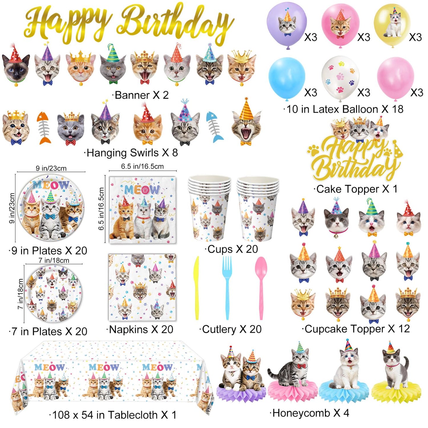 Cat Birthday Decorations Party Supplies Kit, Plates, Napkins, Cups, Cutlery, Banner, Hanging Swirls, Honeycomb Centerpieces, Balloons, Tablecloths for Cat Themed Birthday Party Decorations, Serves 20