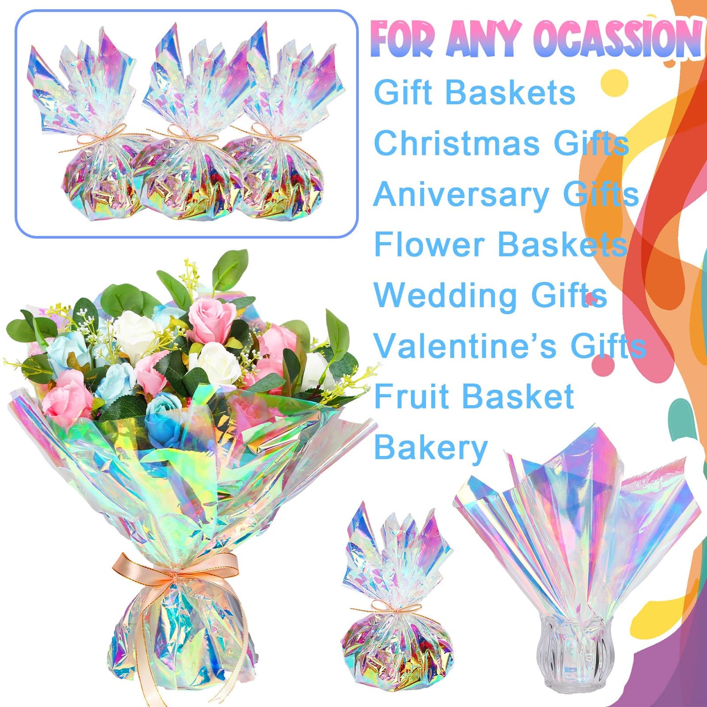 Seajan 31.5 in x 200 ft Iridescent Cellophane Wrap Roll, Rainbow Wrapping Paper Holographic Cellophane Wrap for Baskets Flower Bouquet Christmas DIY Treats Gifts Wrapping(Red and Golden Iridescence)