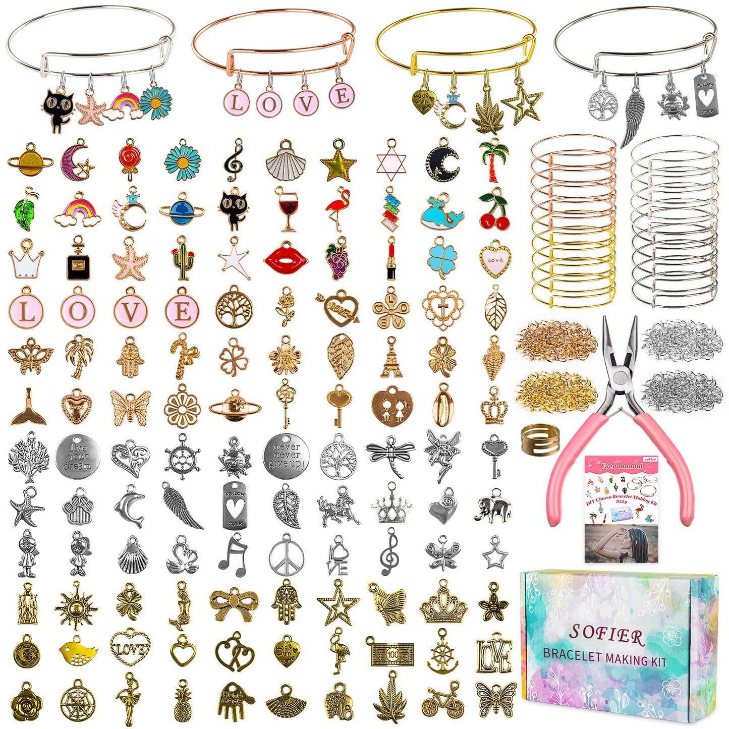 Sofier 542pcs Bangle Bracelet Making Kit DIY Jewelry Making Kit and Supplies Expandable Charm Bracelets Pendants Plier Set Toy Art Craft Gift for Girl Teen Women Adult
