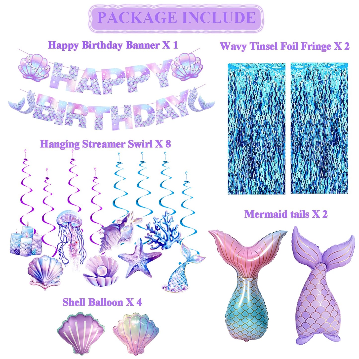 Mermaid Birthday Party Decorations, Under the Sea Party Supplies with Light Blue Wavy Tinsel Curtain, Happy Birthday Banner, Hanging Swirls,Shell Tail Foil Balloons for Girls Birthday