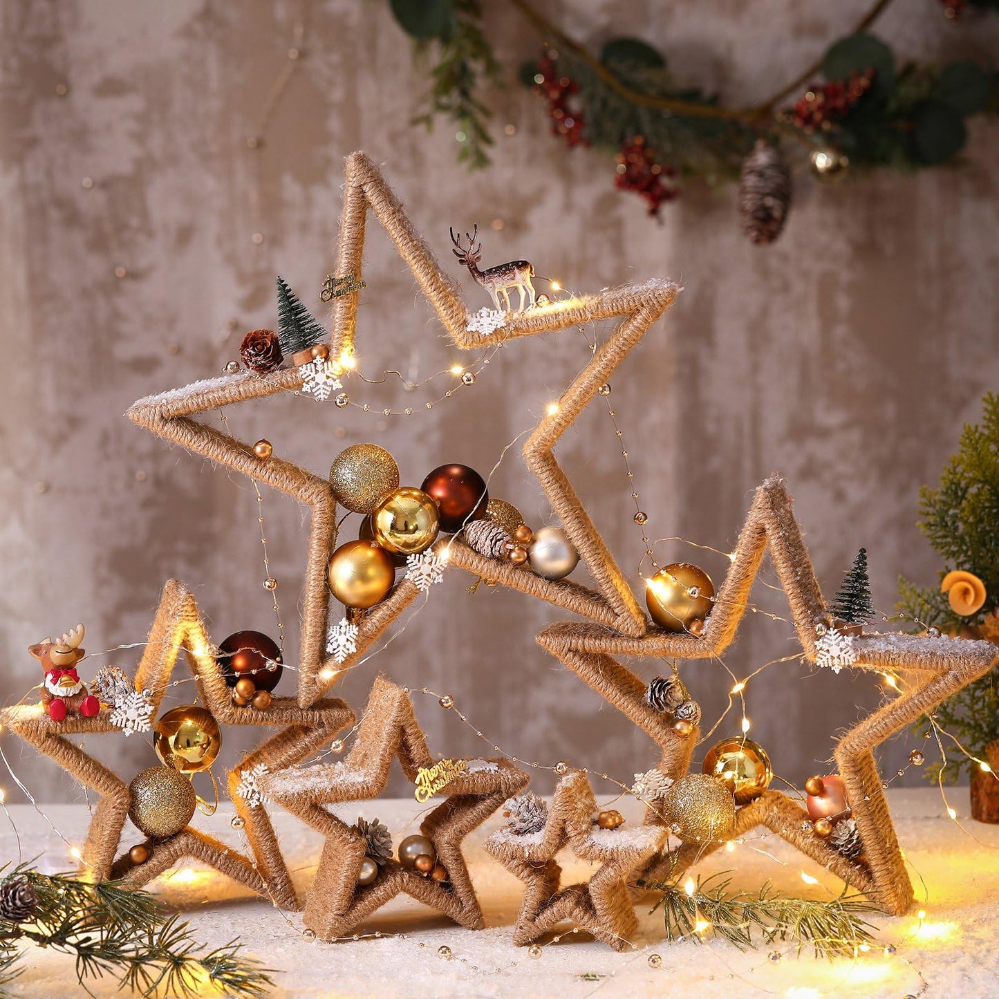 Vercraft 5 Pcs Lighted Wooden Stars Patriotic Star Table Centerpiece 4th of July Burlap Rope Tabletop Decor Signs for 250th Anniversary DIY Crafts Independence Day Memorial Day Party Office Home Shelf