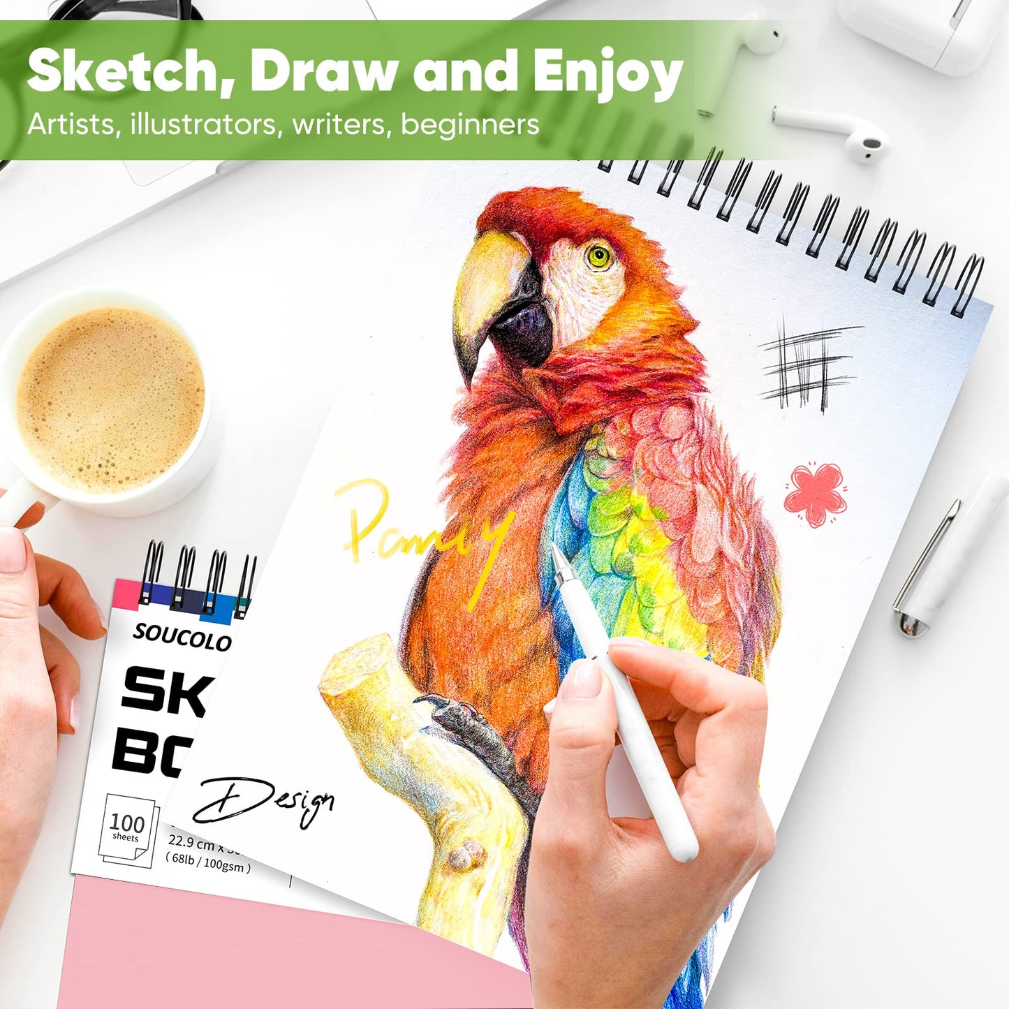 Soucolor Cute Sketchbook 9" x 12" for Women, 1-Pack 100 Sheets Spiral Notebook Drawing Pad, Pastel Art Supplies for Artists, Arts and Crafts Gifts Set for Adults