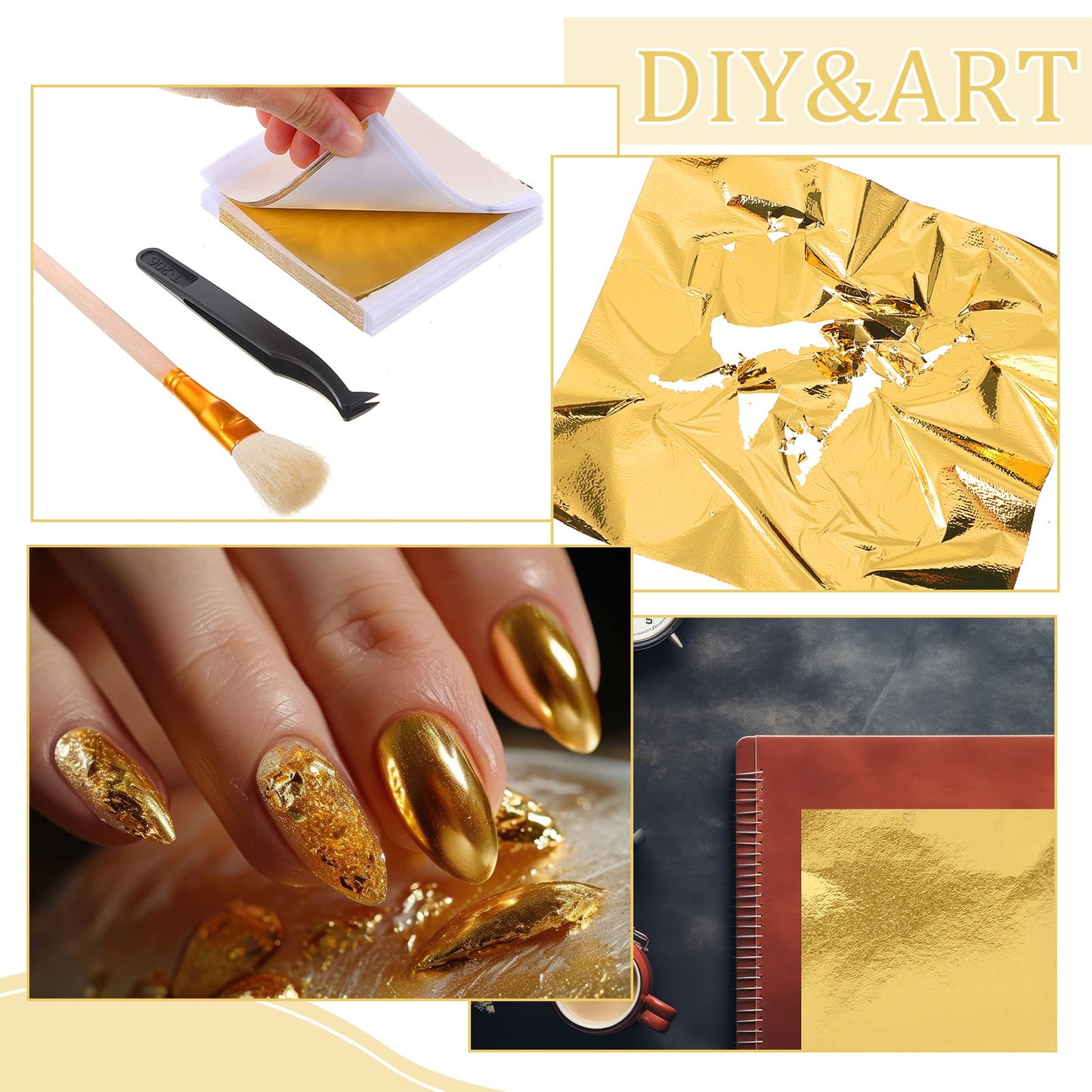Maitys 400 Pcs Imitation Gold Leaf Sheet, for Art Silver Foil Sheet Set with Brush and Nipper for Painting Gilding Picture Frame Sculpture DIY Craft Decoration Furniture, 3.5 x 3.5 Inches(Golden)
