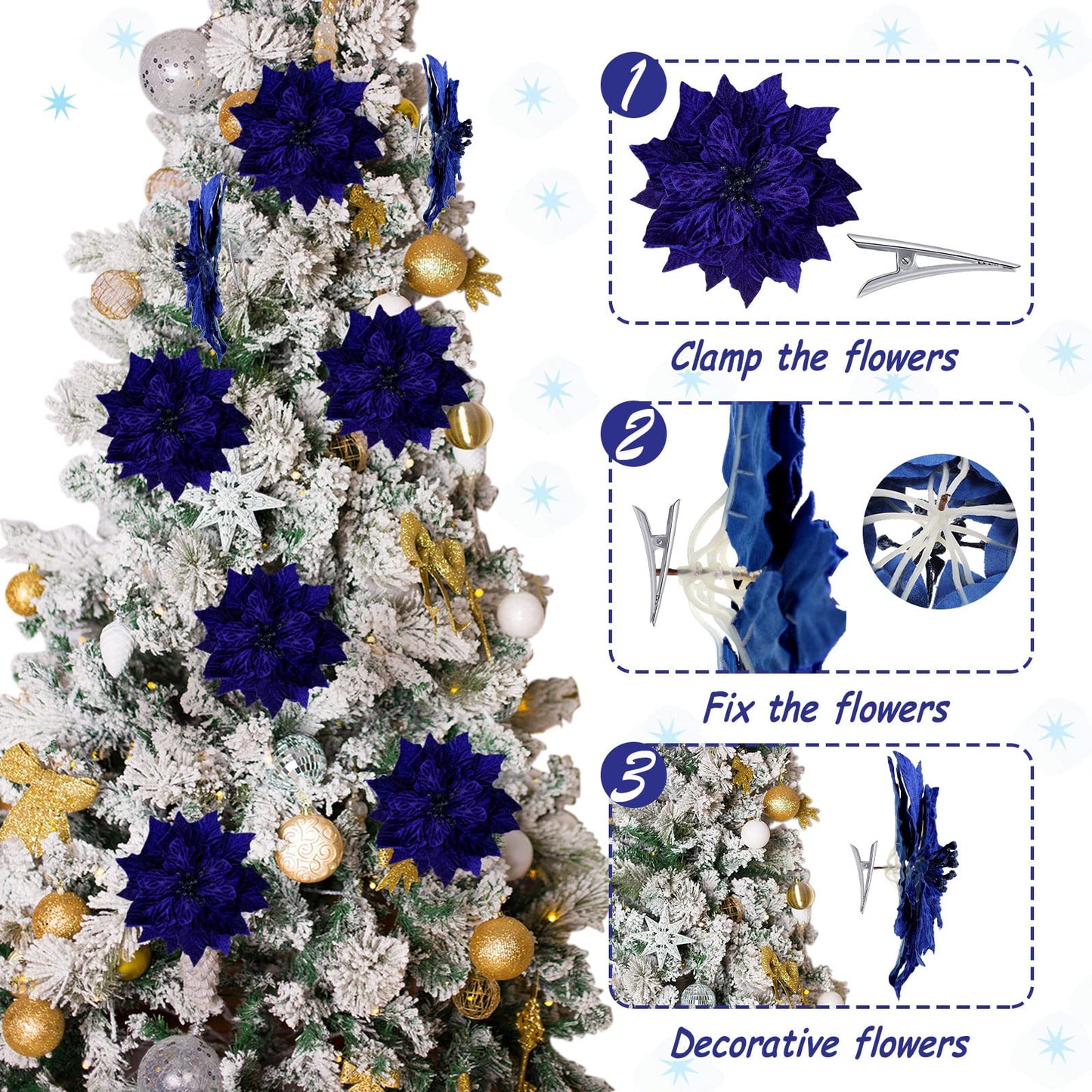 Cindeer 7 Pcs Christmas Poinsettia Artificial Flowers Christmas Poinsettia Ornaments Picks Blue Flowers Decoration for Xmas Tree DIY Wreaths Ornament Wedding Party, 9.8 Inch