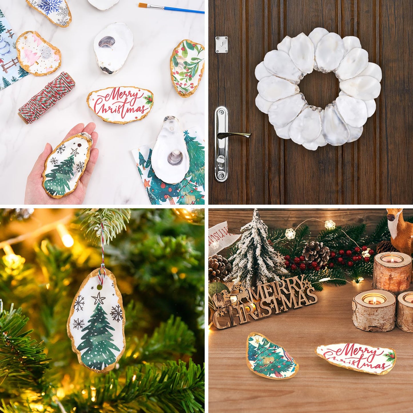 APUDWN 16 Set Oyster Shells for Crafts 4-5 Inch Christmas Pre-Drilled Oyster Shells Crafts Kits with Decoupage Paper Napkin Glue Paint Twine and Brushes for Xmas Decor DIY Arts Seashells Ornaments