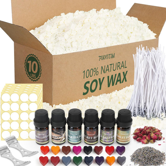 FUHITIM Soy Candle Wax Kit for Candle Making 10 lbs Bag, Premium Natural Soy Wax Flakes, No additives and Pure, 100 Cotton Candle Wicks, Fragrance Oils, Dried Flowers & Pigment Colors