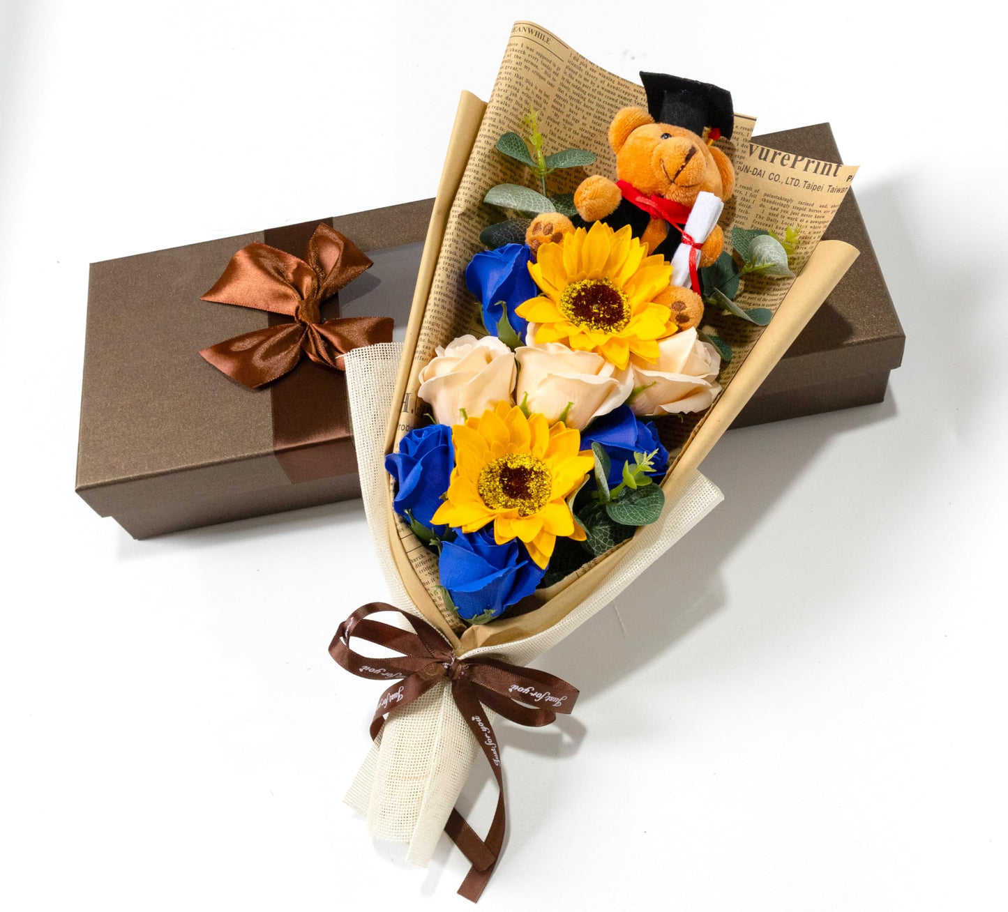 Ansuma 13" Graduation Rose Sunflower Scented Soap Flower Bouquet Mini Plush Graduate Teddy Bear with Grad Cap Floral Arrangements Gift Box for Graduation Party Favors Supplies (Blue)