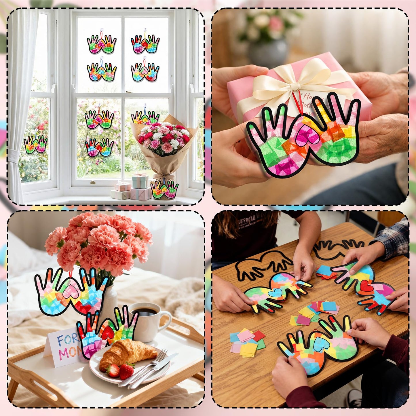 Yaomiao 30 Set Mother's Day Suncatcher Crafts, DIY Heart Handprint Stained Glass Style Gift Kit for Mother's Day Party Supplies, Family Activity, Suitable for Home, Window, Door Decorations