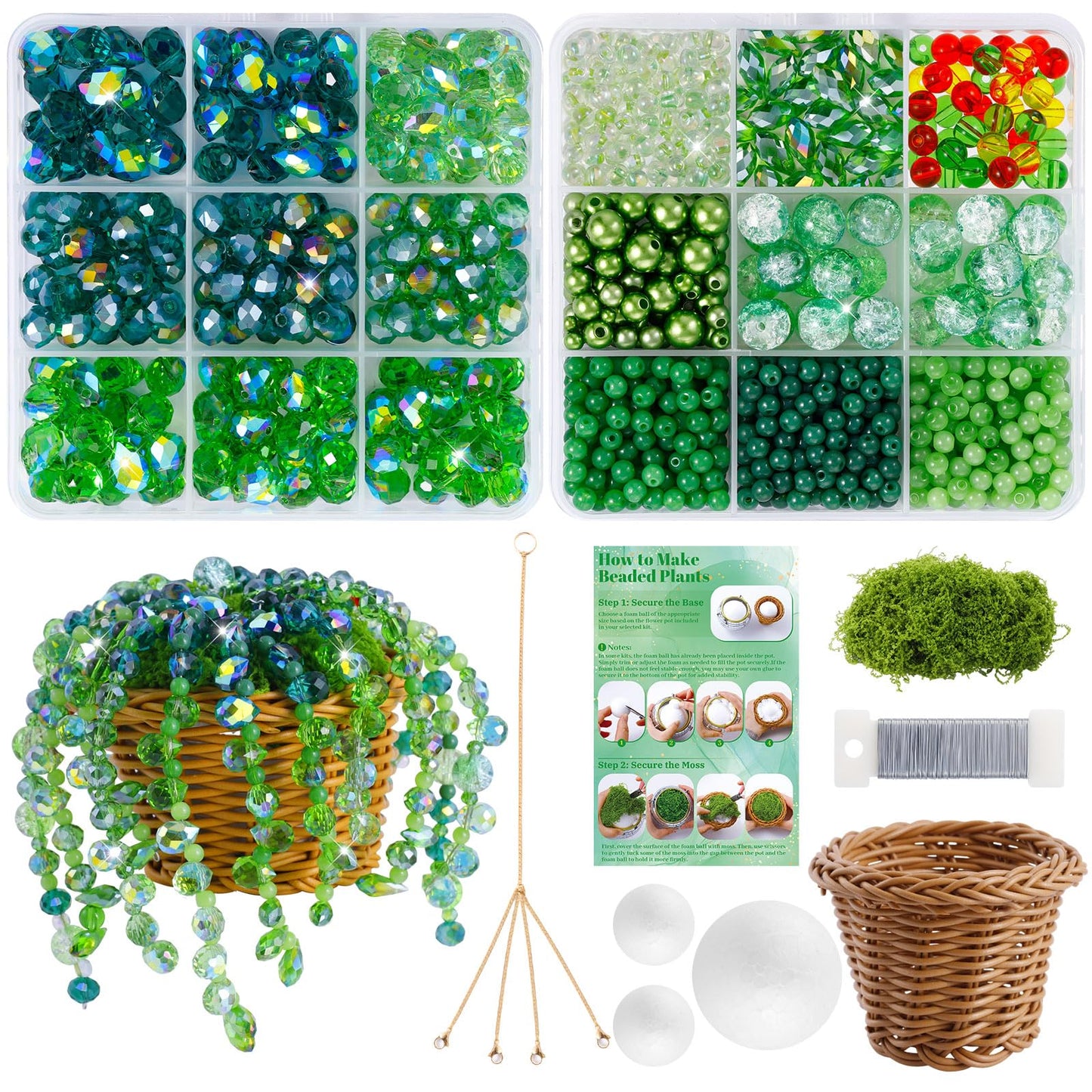 Wurosi 853 PCS Green Beaded Plant Kit with Rattan Basket, Green Beads for Beaded Plants with Hanging Chain and Video Manual, Forever Plant Beaded Making Kit for Jewelry Making and DIY Crafts