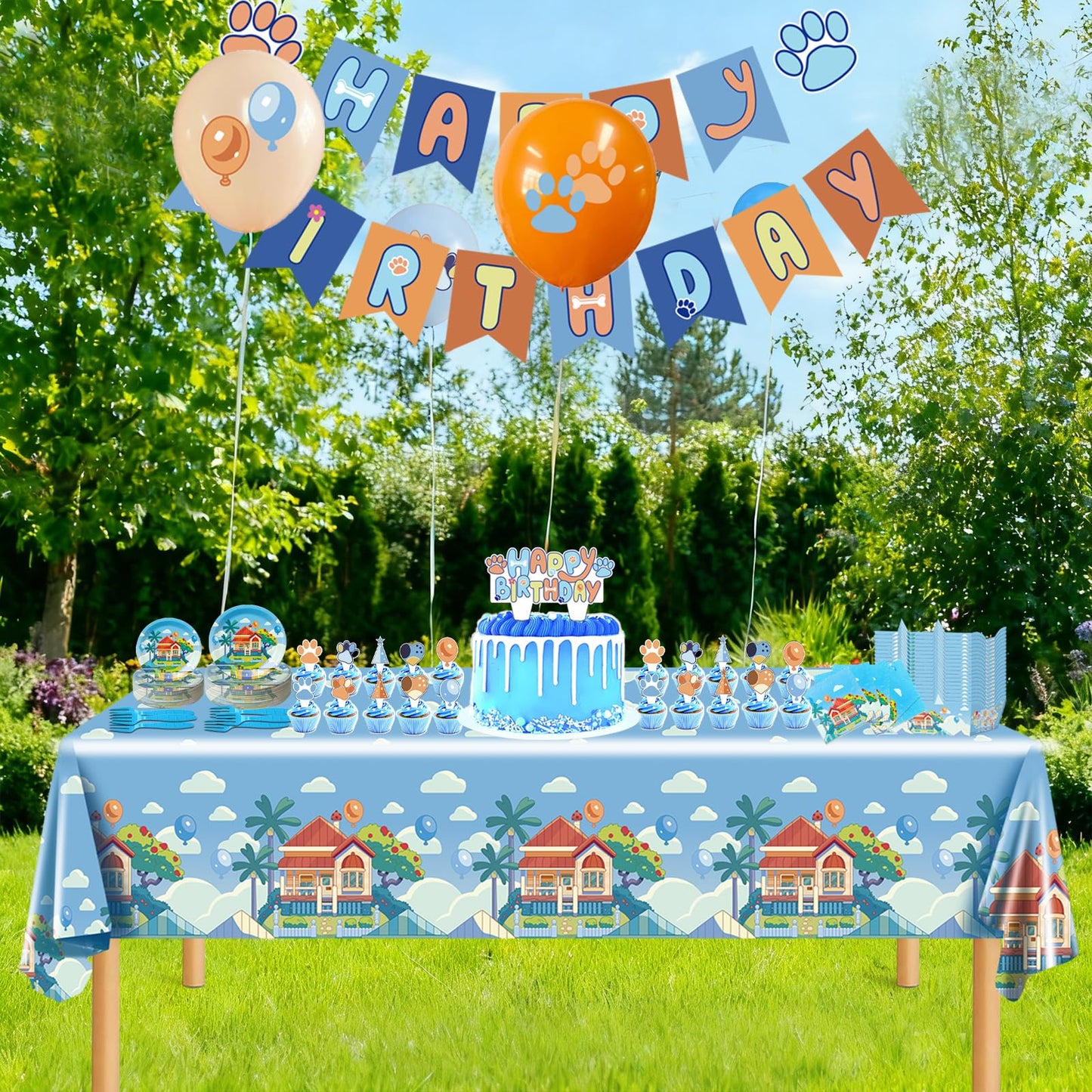 133PCS Blue Birthday Party Supplies - Serves 20 Guests，Blue Birthday Decorations, Blue Plates and Napkins, Tablecloth, Balloons, Banner, Cake Toppers, Fork & Paper Food Trays - Party Supplies