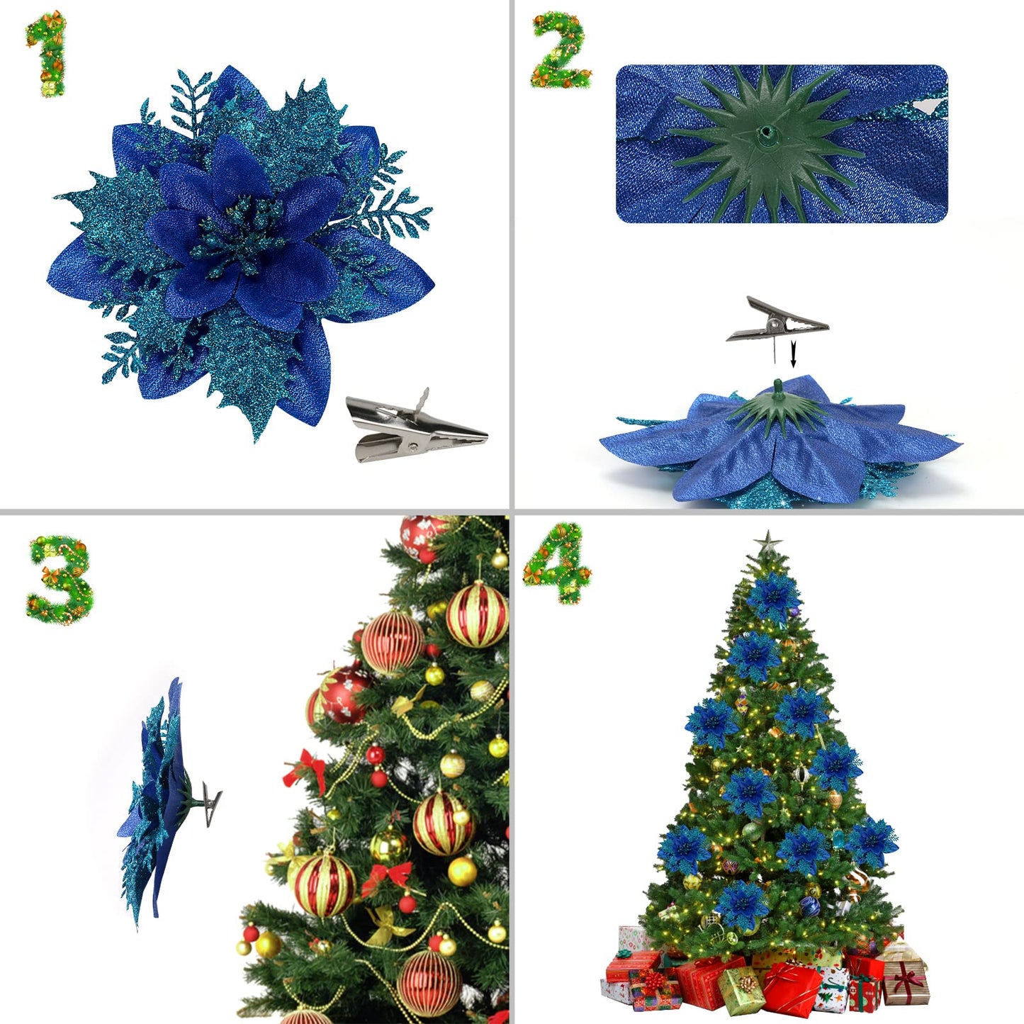 Childom 15 PCS Blue Poinsettia Flower Artificial Poinsettias with Clips Christmas Decorations Glitter Poinsettia Christmas Ornaments Xmas Tree Flowers with Stems DIY Xmas Wreath Holiday Party Decors
