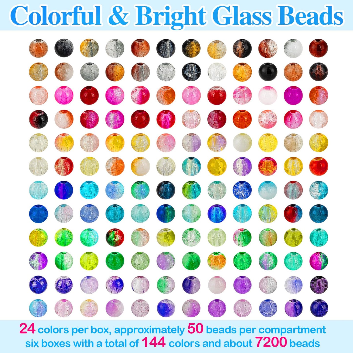 XSEINO About 7200pcs 144 Colors 6mm Crackle Glass Beads Bracelet Making Kit,6Box Different Style Crack Series Colorful Crystal Beads for Bracelet Jewelry Making,DIY Crafts,Friendship Bracelets