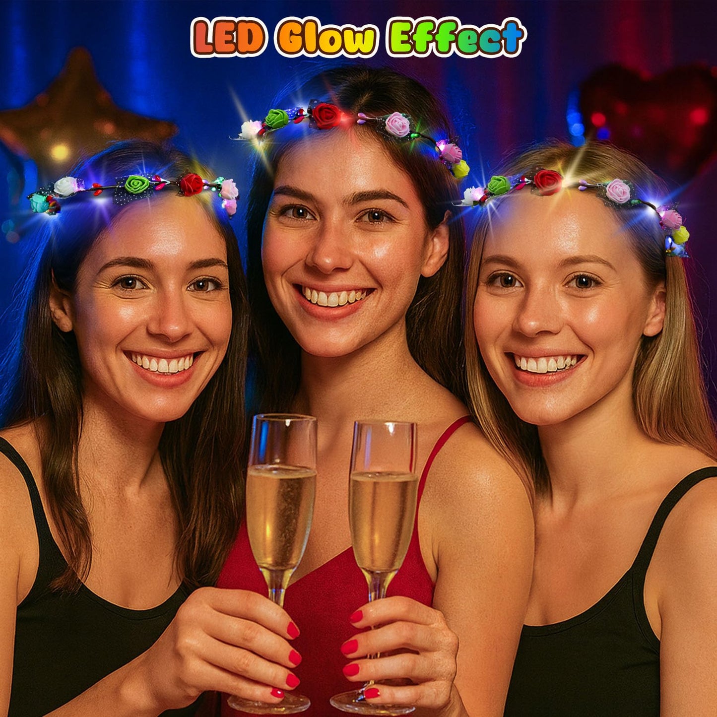 LovesTown 60PCS Glow in the Dark Party Supplies, Flower Crowns for Women Light Up Flower Crown, Light Up Party Favors for Raves Birthday Wedding Reception Mardi Gras Cosplay