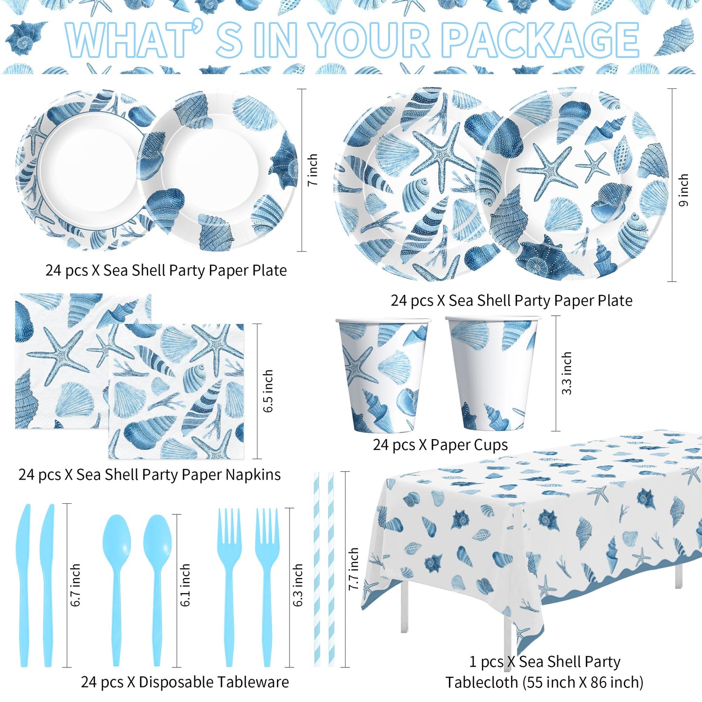 FVABO Ocean Seashell Birthday Decorations, Blue Sea Shell Party Supplies for Beach Summer Pretty Birthday Baby Shower, Plate, Cup, Napkin, Tablecloth, Banner, Balloon, Swirl, Topper, Cutlery, Serve 24