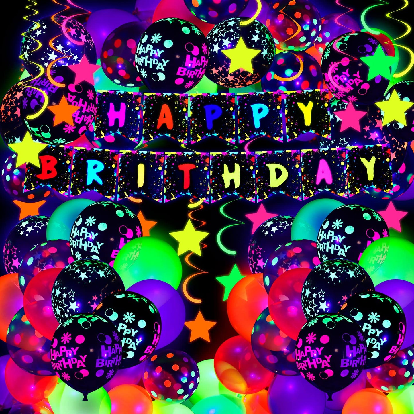 Jetec 71 Pcs Neon Birthday Party Supplies Decorations Include Clear Glow in The Dark Balloons, UV Neon Balloons, Star Hanging Swirls, Rave Theme Birthday Decor Banner Accessories Supplies