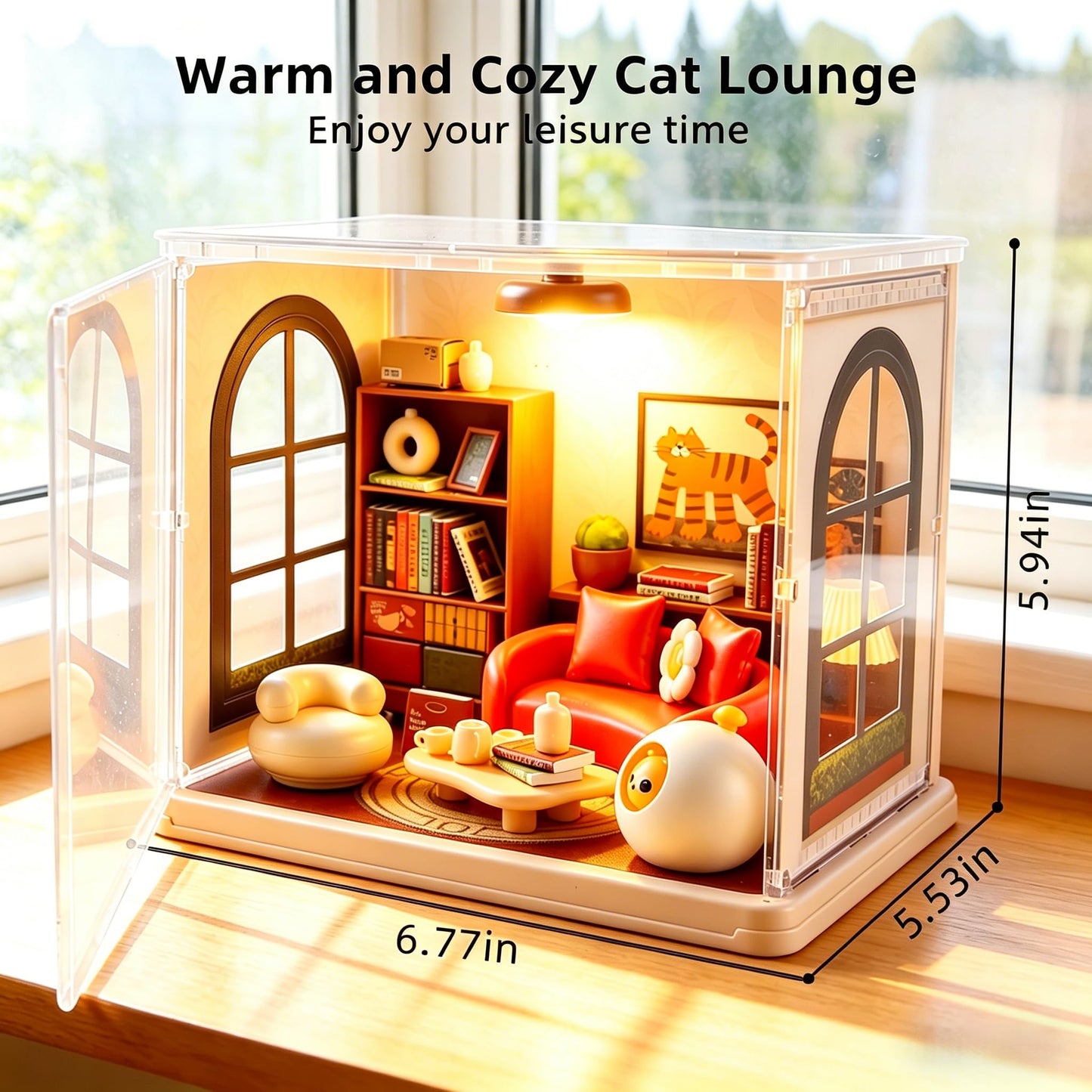 Lydaz DIY Miniature House Kit, Mini House Building Kit for Adults, Tiny House Kit with Furniture, Miniature Dollhouse Kits with Dust Cover, Craft LED Decor Birthday Gifts for Family, Friends(Cat Room)
