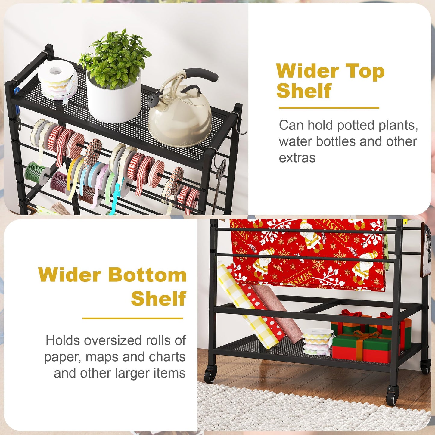 yeshine Ribbon Organizer for Craft Room, Rolling Ribbon Holder, Double-Sided Ribbon Holder Organizer Rack, Metal Craft Christmas Gift Wrapping Paper Holder, Large Capacity Ribbon Storage Rack