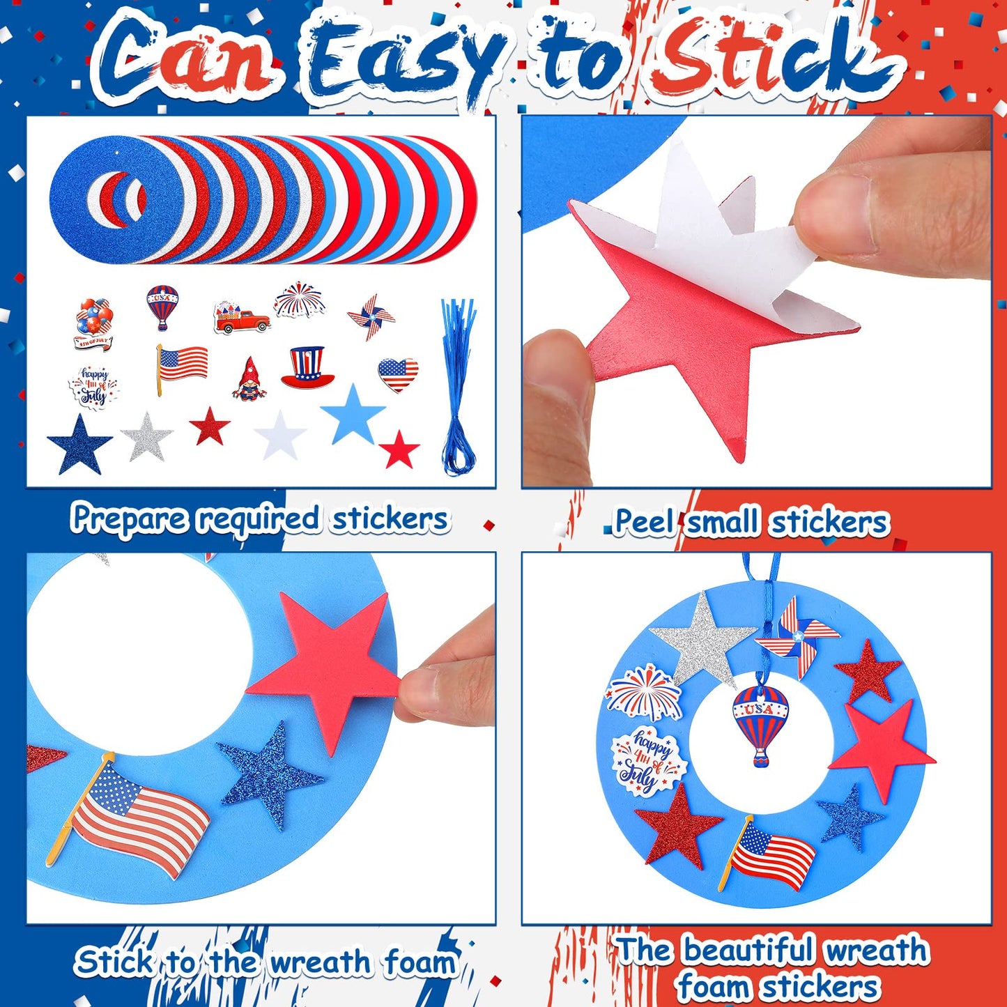 Woanger 324 Pcs 4th of July Wreath Decorations Flag USA Star Patriotic Signs Ornaments Foam Blue Red White Sticker Star Independence Day Craft Gift Favor Home Door Art Wall Decor Kit