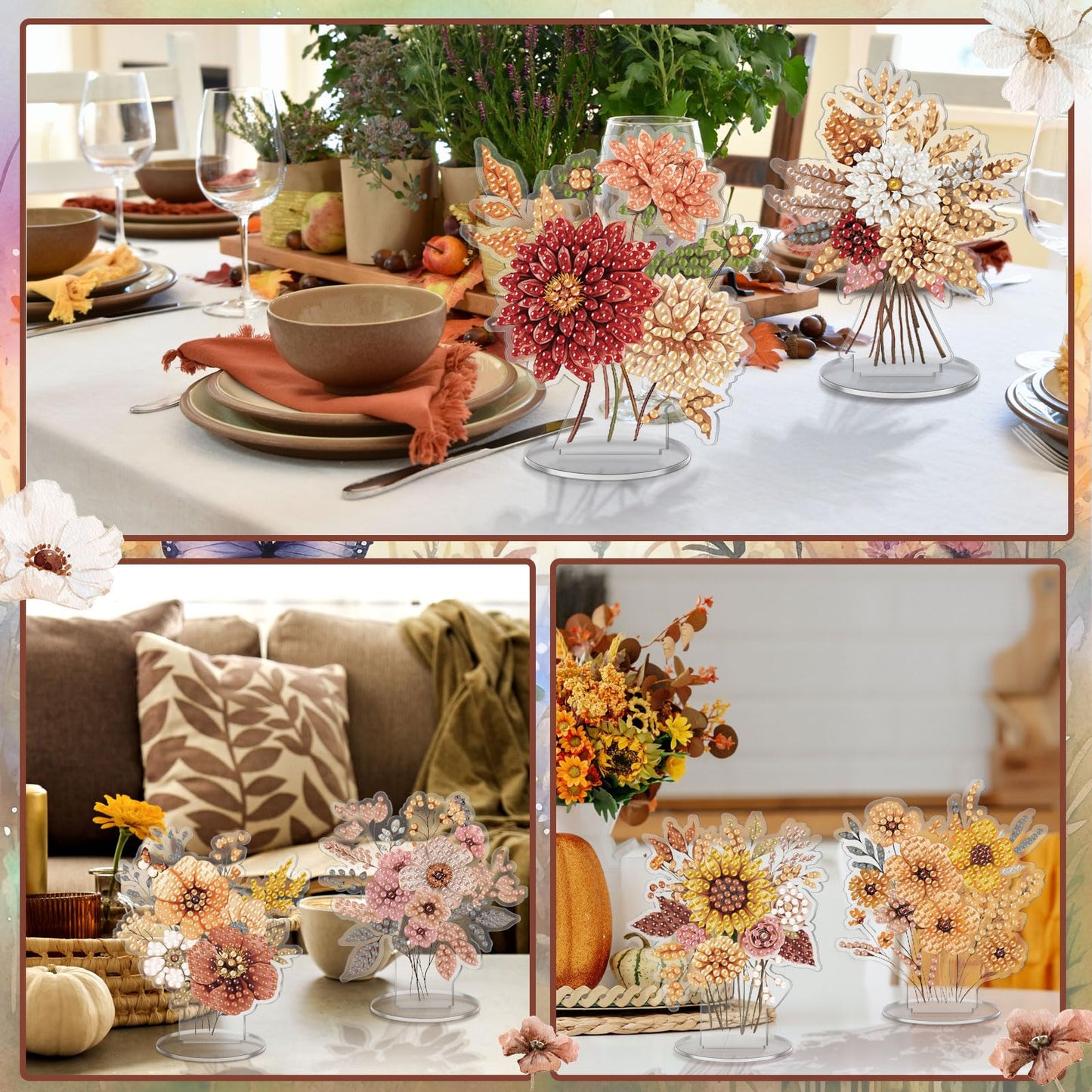 Kosiz 9 Pcs Thanksgiving Diamond Painting Tabletop Decorations Fall Wildflower Diamond Art Kits for Adults Double Sided Acrylic Flower Centerpiece for Tables DIY Crafts Party Decor Thanksgiving Gifts