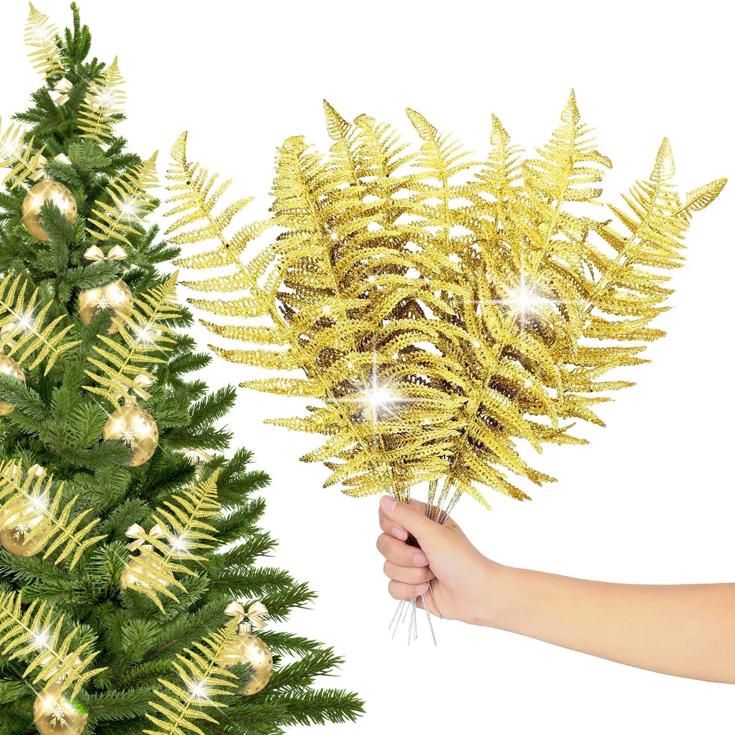 Tyoxlo 10PCS Artificial Gold Leaf Fake Leaves Glittering Gold Flowers Fake Foliage Gold Ornaments for Christmas Tree Christmas Picks Gold Decor Wreath Decorations(Gold)