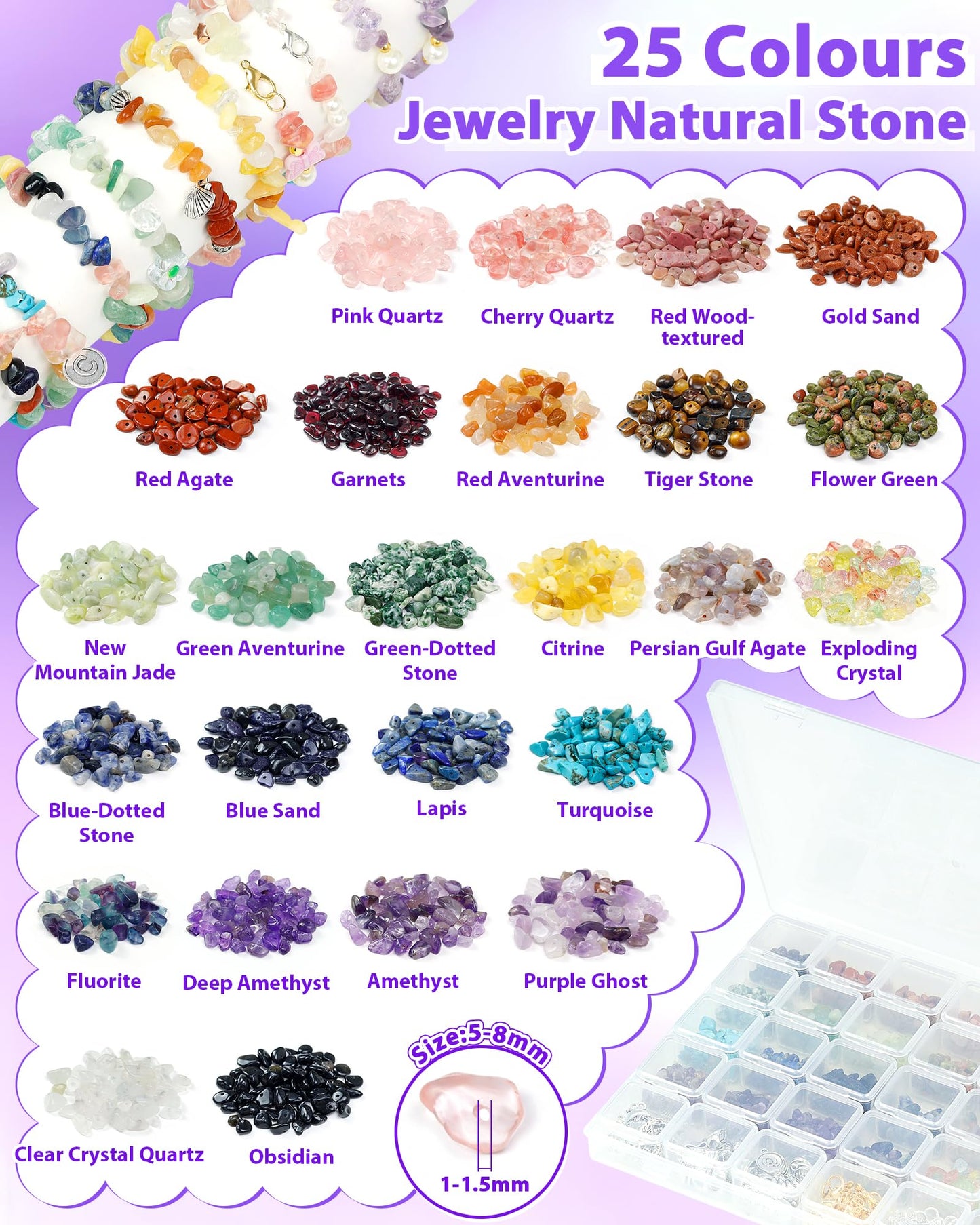 FIVEIZERO Jewelry Making Kit - 1956 PCS Natural Chip Stone Beads(25 Colors, 4-12mm) with Crystal Beads, Metal Charms, Jump Rings & Earring Hooks for DIY Bracelets, Necklaces, Earrings