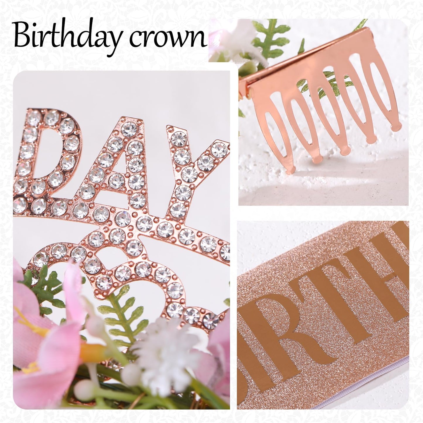 PartyforU Pink Birthday Queen Crown - Happy Birthday Tiara with Flowers and Sash Set for Party Photo Shoot Gift for Friend Mom