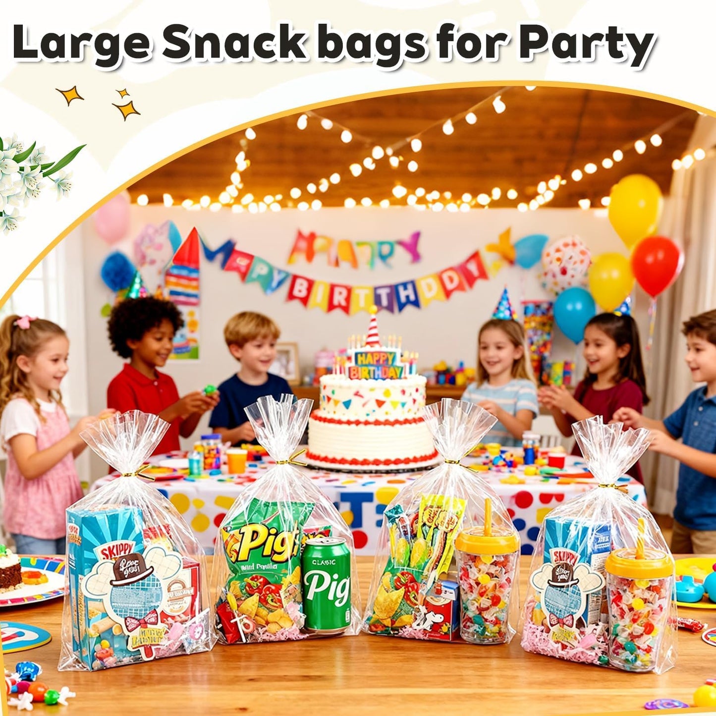 PigPotParty Cellophane Bags 10x14 Inch, 100 Pack Clear Plastic Gift Bags with Bottom Gusset for Stand-Up Display, Medium Cello Wrap for Large Goodies, Treats, Party Favors, Mugs, Includes 100 Ties
