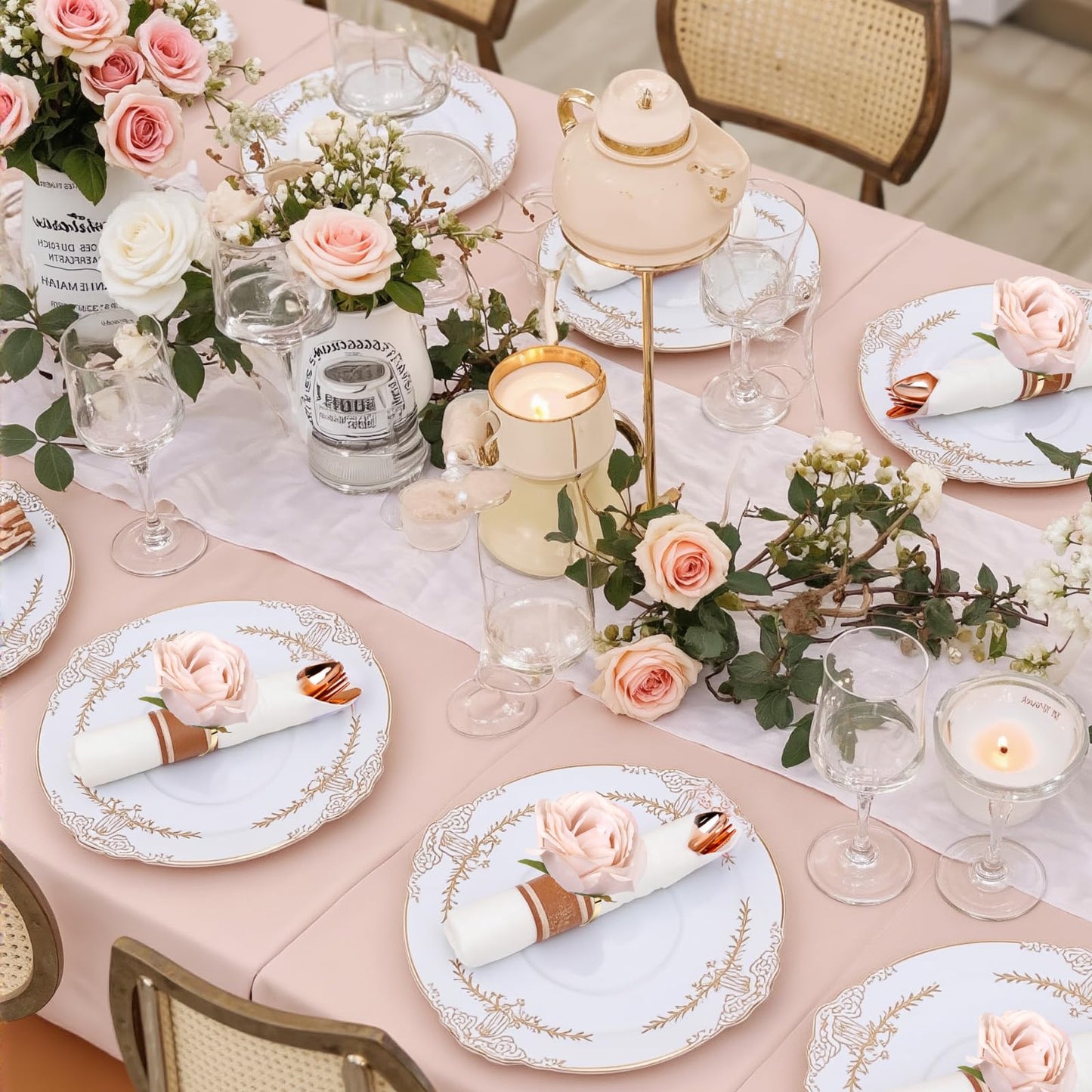 6 PCS Light Khaki Rose Napkin Rings for Wedding Anniversary, Artificial Rose Flower Napkin Rings with Gold Metal Holder Design for Valentine's Day Table Setting Party Supplies(Light Khaki Rose)